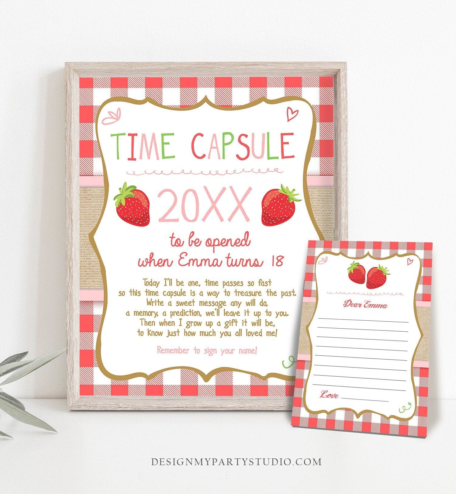 Editable Strawberry Time Capsule Berry Sweet First Birthday Party Strawberry Decorations Party Girl Pink Corjl Template Printable 0091