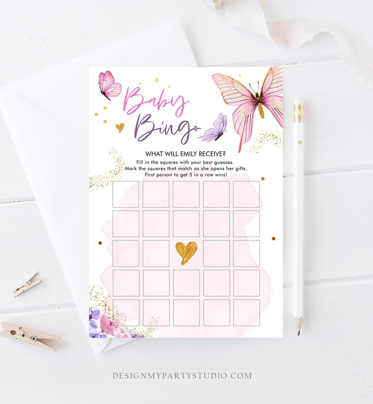 Editable Baby Bingo Baby Shower Game Butterfly Baby Shower Floral Butterflies Lilac Pink Purple Activity Digital Template Printable 0437