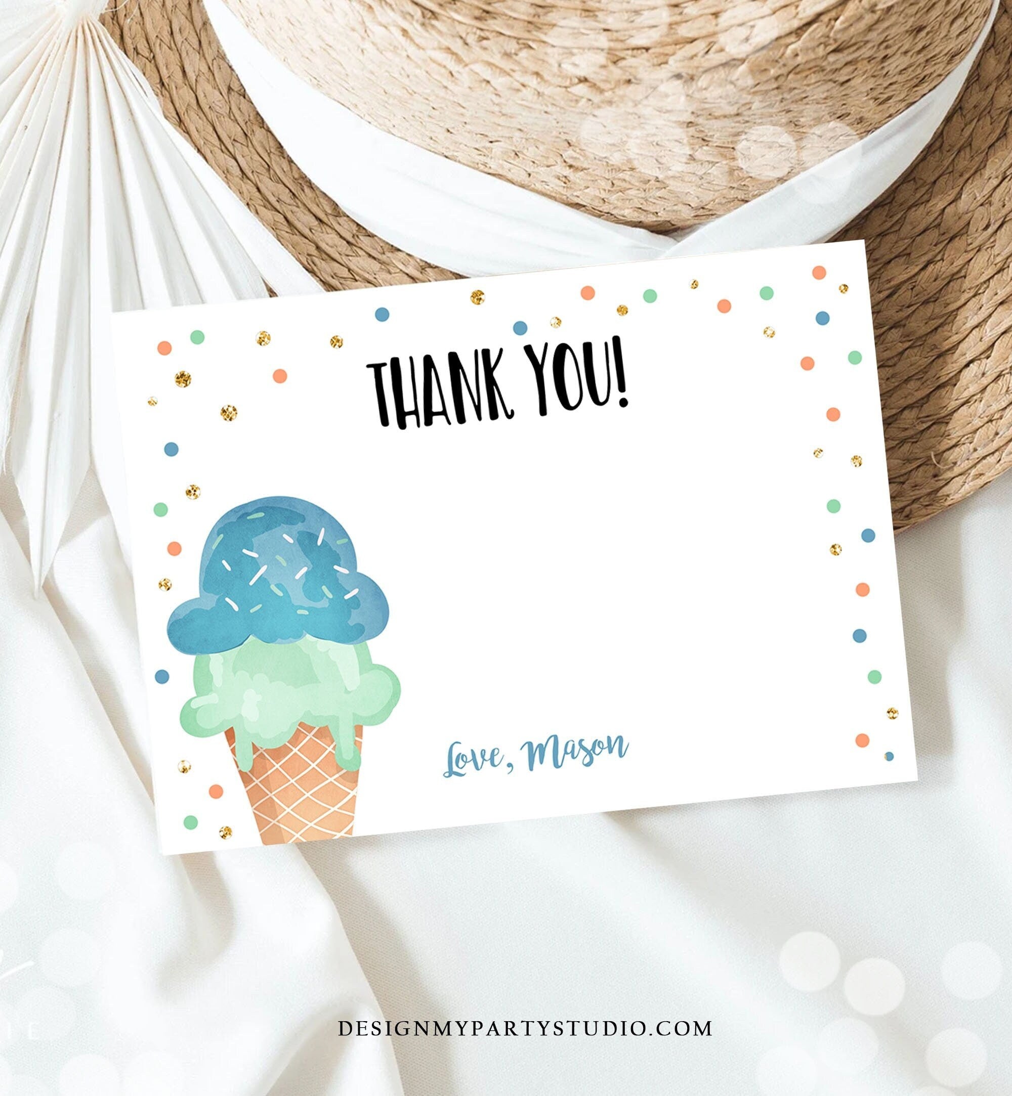 Editable Ice Cream Thank You Card Ice Cream Birthday Thank You Note Boy Birthday Summer Digital Download Template Printable 0243