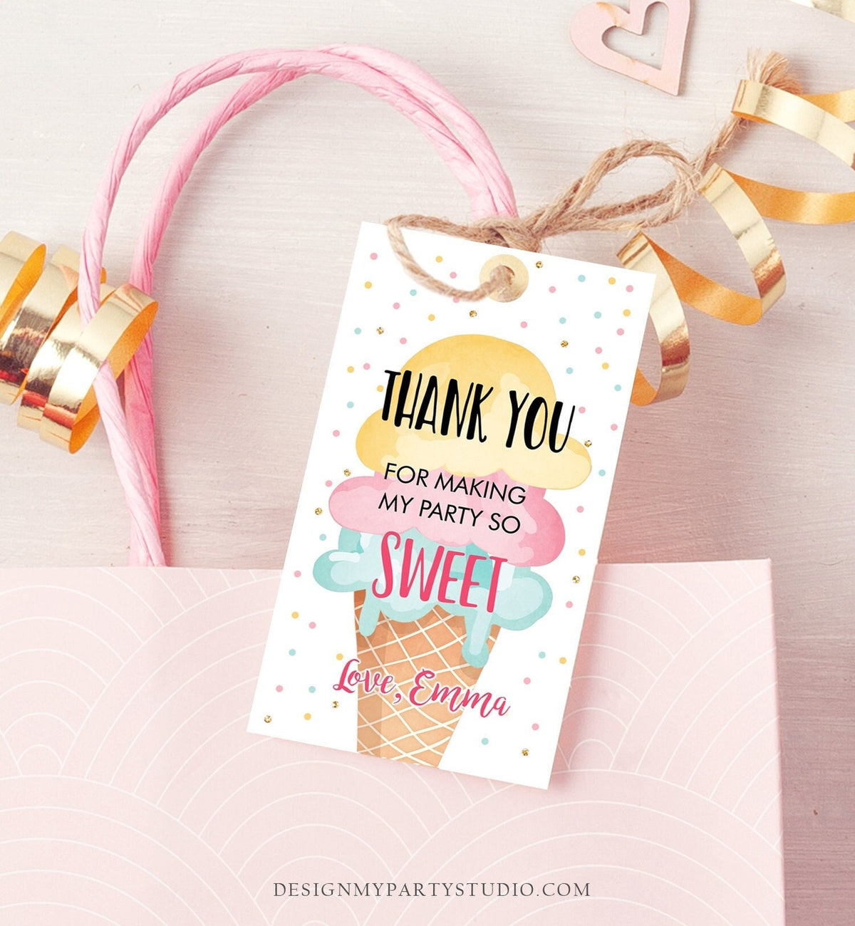 Editable Ice Cream Favor Thank You Tag Ice Cream Birthday Party Girl Pink Yellow Mint Gift Goodie Bag Label Digital Template Printable 0243