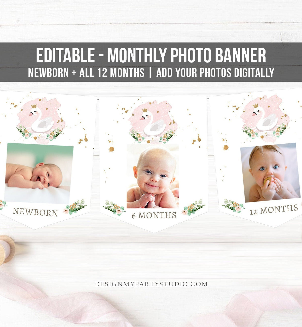 Editable Swan Monthly Photo Banner First Birthday Banner Princess Photo Banner 1st Girl Pink Decor Floral Digital Template Printable 0382