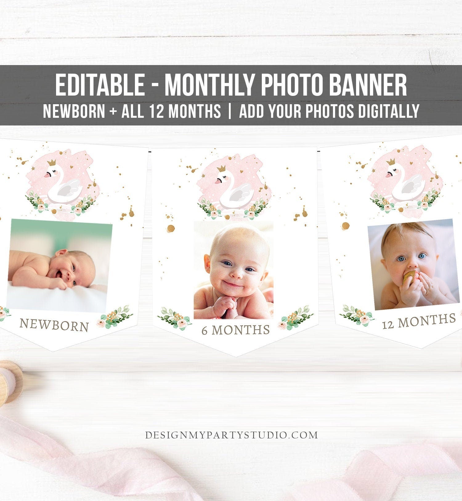 Editable Swan Monthly Photo Banner First Birthday Banner Princess Photo Banner 1st Girl Pink Decor Floral Digital Template Printable 0382