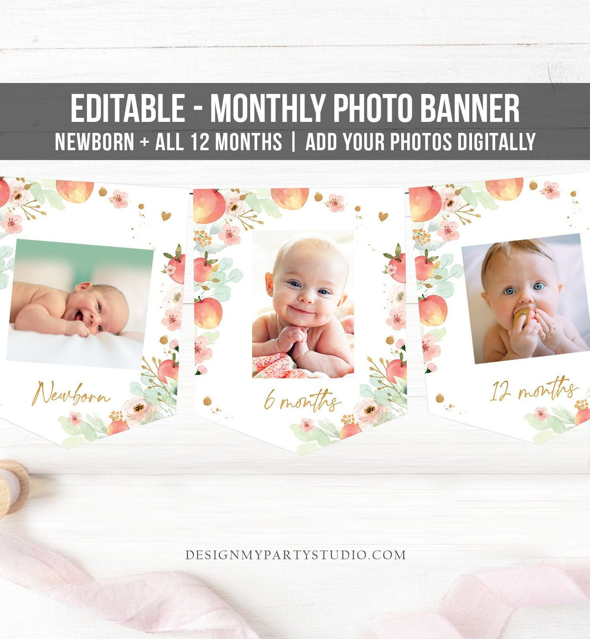 Editable Peach First Birthday Monthly Photo Banner One Sweet Peach Birthday Sweet As a Peach Fruit Digital Download Template Printable 0401