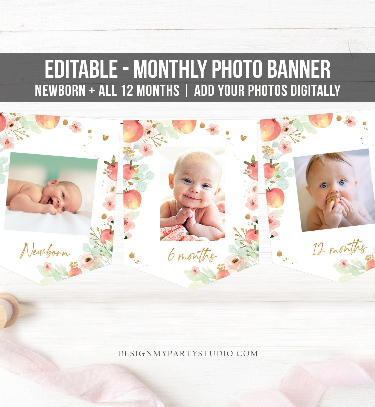 Editable Peach First Birthday Monthly Photo Banner One Sweet Peach Birthday Sweet As a Peach Fruit Digital Download Template Printable 0401