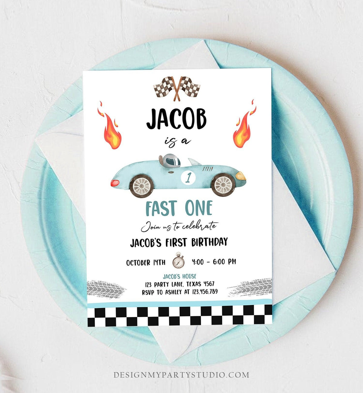 Editable Race Car 1st Birthday Invitation Fast One Invite First Birthday Racing Party Boy Digital Download Evite Template Printable 0424