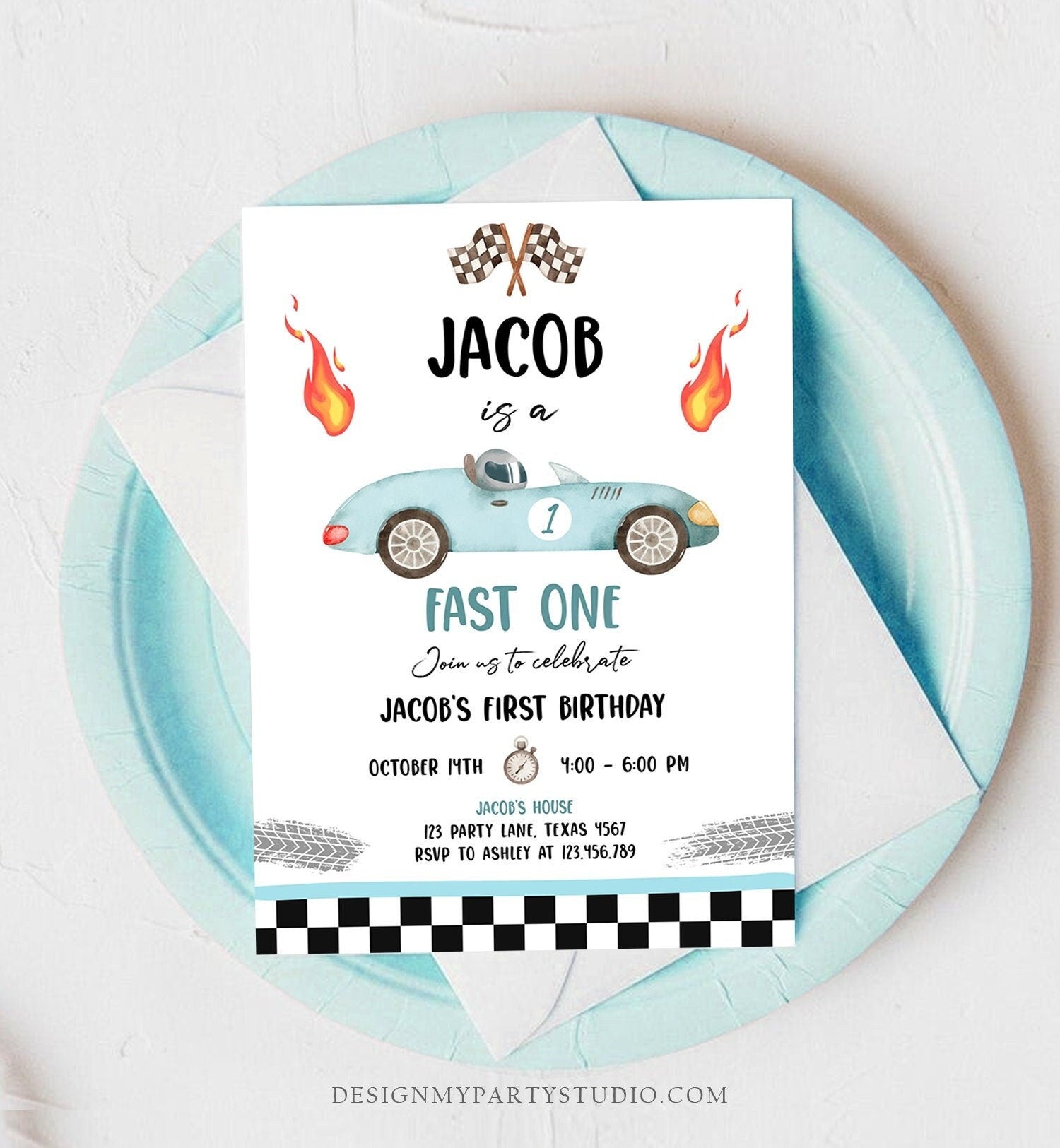 Editable Race Car 1st Birthday Invitation Fast One Invite First Birthday Racing Party Boy Digital Download Evite Template Printable 0424