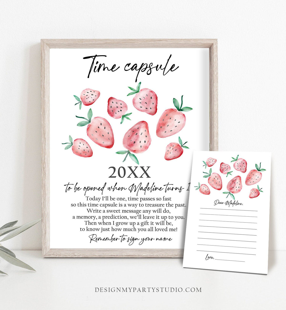 Editable Time Capsule Strawberry First Birthday Party Strawberry Decorations Berry Sweet Party Girl Pink Digital Template Printable 0399