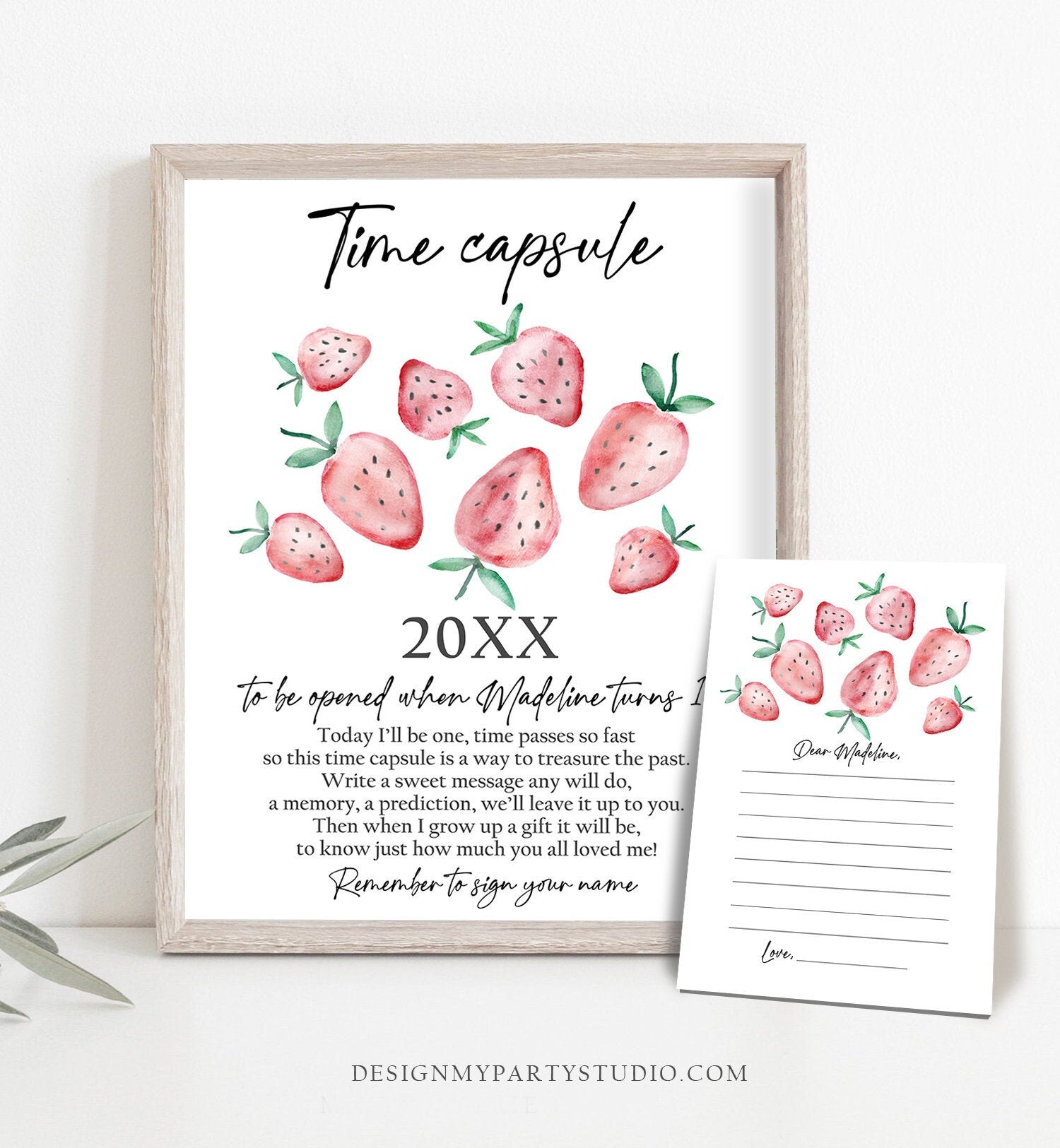 Editable Time Capsule Strawberry First Birthday Party Strawberry Decorations Berry Sweet Party Girl Pink Digital Template Printable 0399