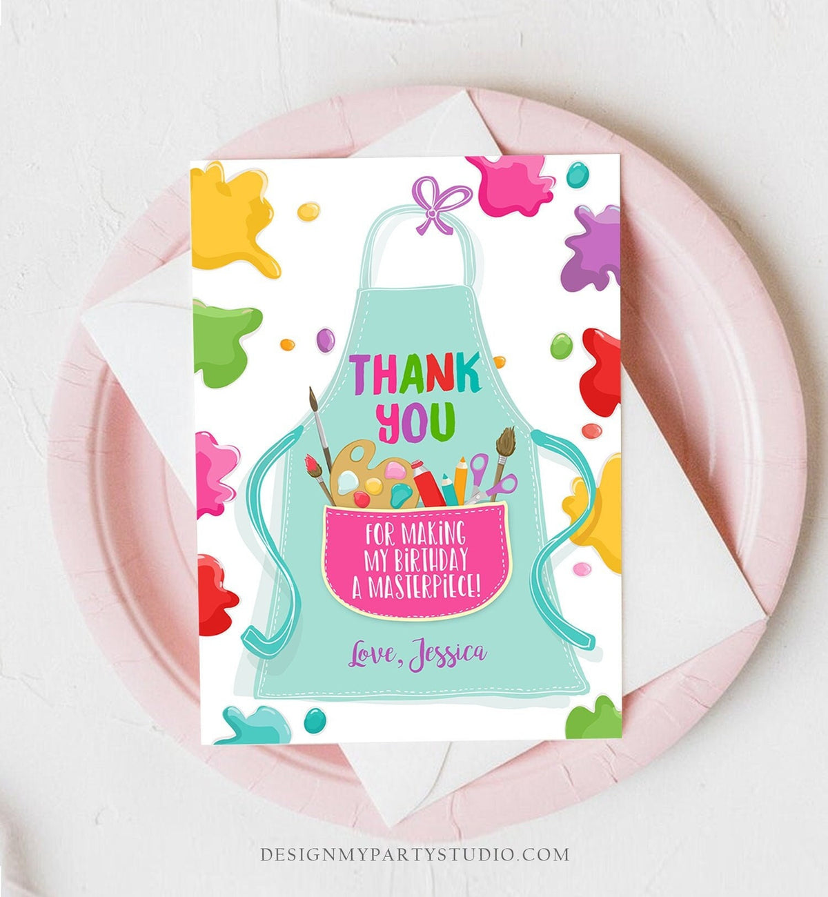 Editable Art Party Thank You Card Girl Boy Birthday Painting Crafting Party Paint Craft Apron Arts Digital Download Template Printable 0319