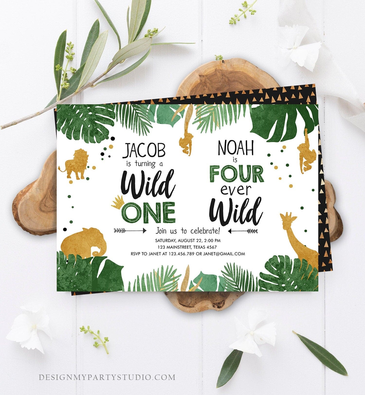 Editable Wild One Four Ever Wild Birthday Invitation Boys Brothers Safari Animals Party Gold Joint Digital Download Template Printable 0016