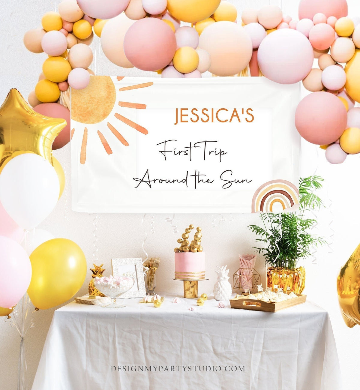 Editable Sun Backdrop Banner Boho Sun Birthday First Trip Around the Sun Birthday Little Sunshine Digital Download Template Printable 0431