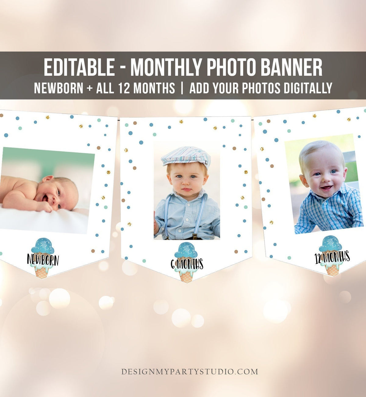Editable Ice Cream Monthly Photo Banner First Birthday Boy Blue Brown Mint Sweet One Decor Digital Download Template Printable 0243