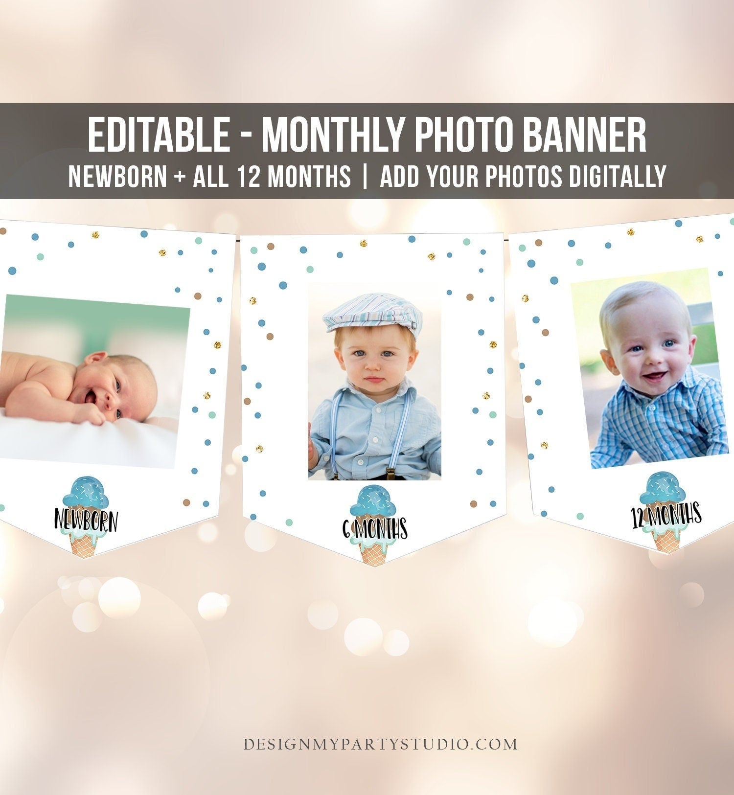 Editable Ice Cream Monthly Photo Banner First Birthday Boy Blue Brown Mint Sweet One Decor Digital Download Template Printable 0243