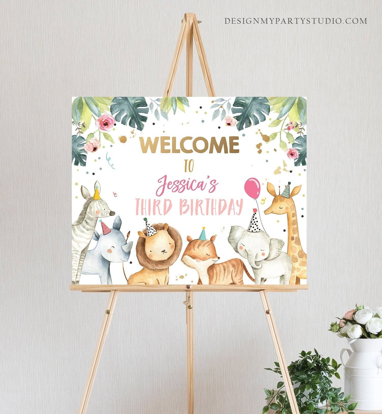 Editable Safari Animals Welcome Sign Party Animals Sign Zoo Safari Pink Gold Welcome Jungle Sign Birthday Corjl Template Printable 0163