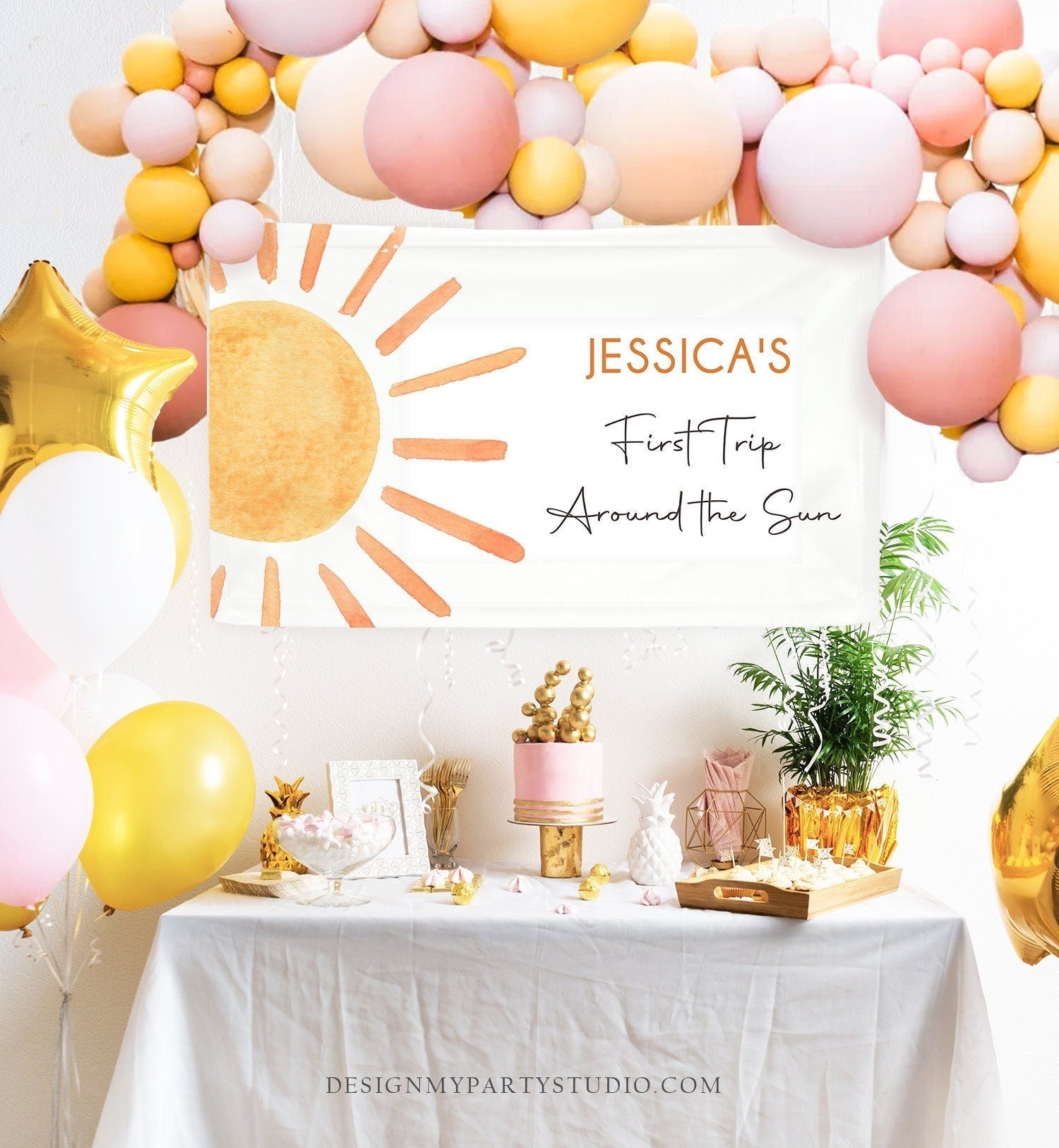 Editable Sun Backdrop Banner Boho Sun Birthday First Trip Around the Sun Birthday Little Sunshine Digital Download Template Printable 0431