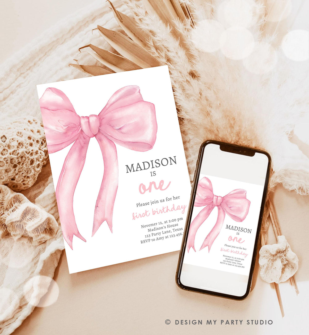 Editable Pink Bow 1st Birthday Invitation First Birthday Pink Coquette Bow Girl Wanna Be One Bow Invite Evite Template Digital Download 0527