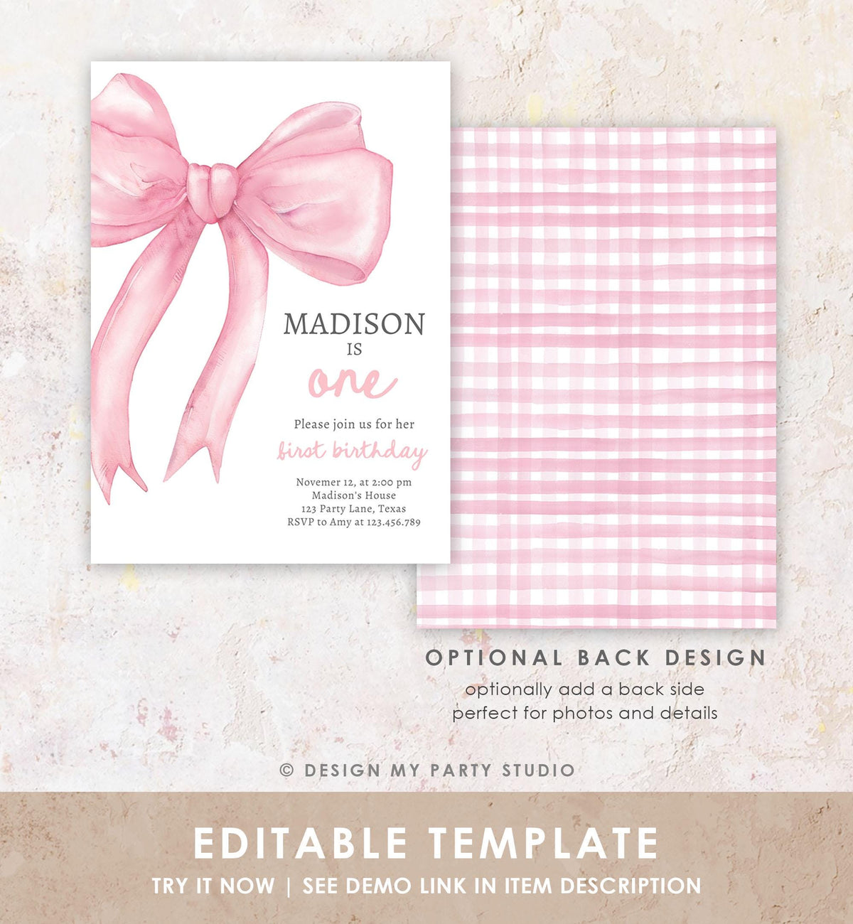 Editable Pink Bow 1st Birthday Invitation First Birthday Pink Coquette Bow Girl Wanna Be One Bow Invite Evite Template Digital Download 0527