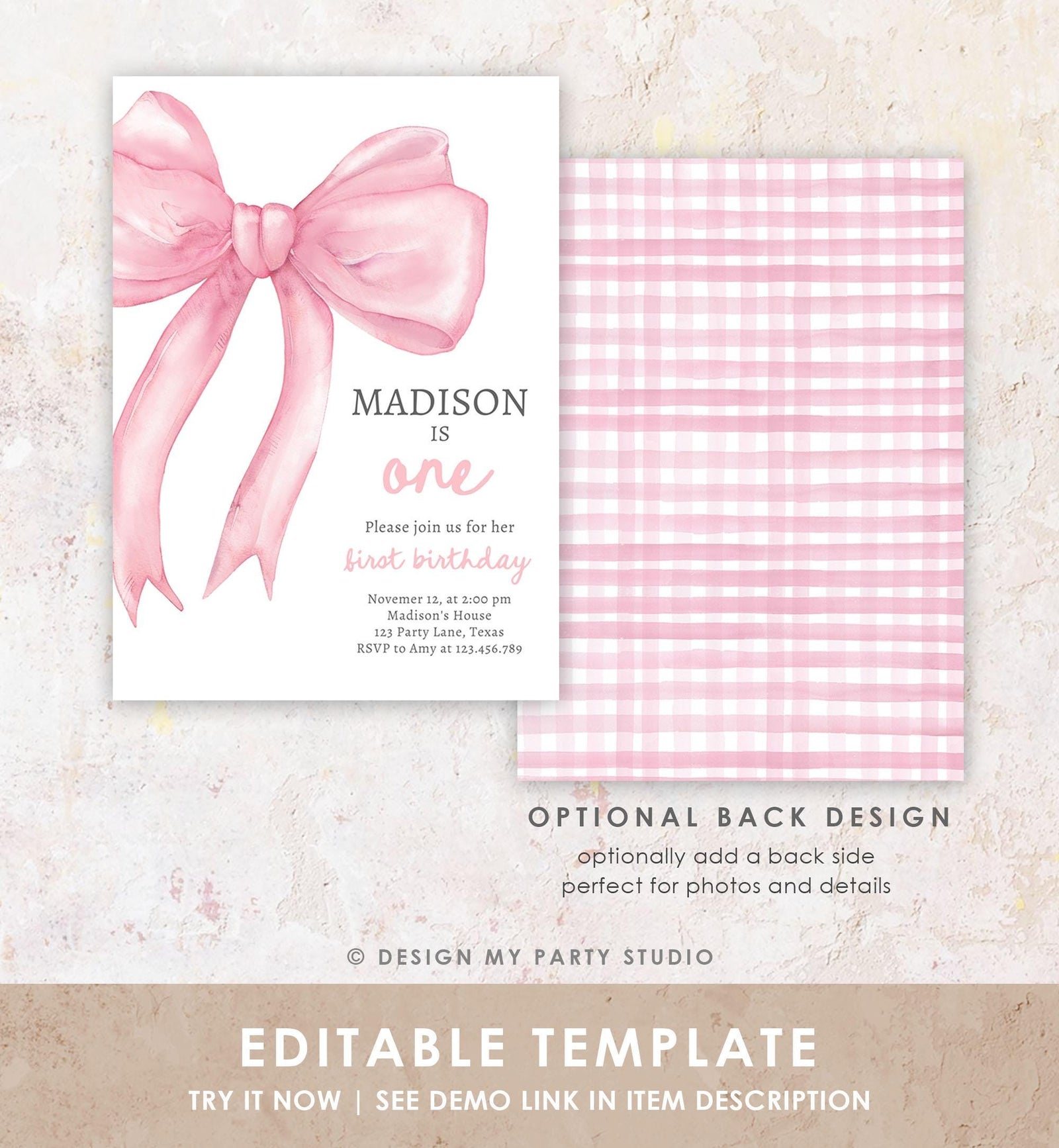 Editable Pink Bow 1st Birthday Invitation First Birthday Pink Coquette Bow Girl Wanna Be One Bow Invite Evite Template Digital Download 0527