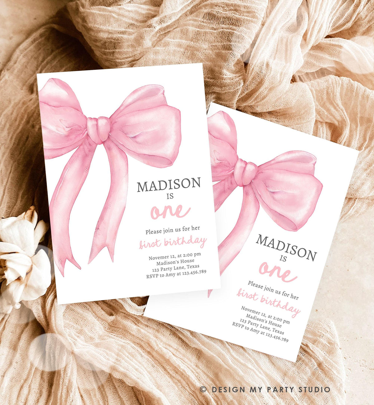 Editable Pink Bow 1st Birthday Invitation First Birthday Pink Coquette Bow Girl Wanna Be One Bow Invite Evite Template Digital Download 0527