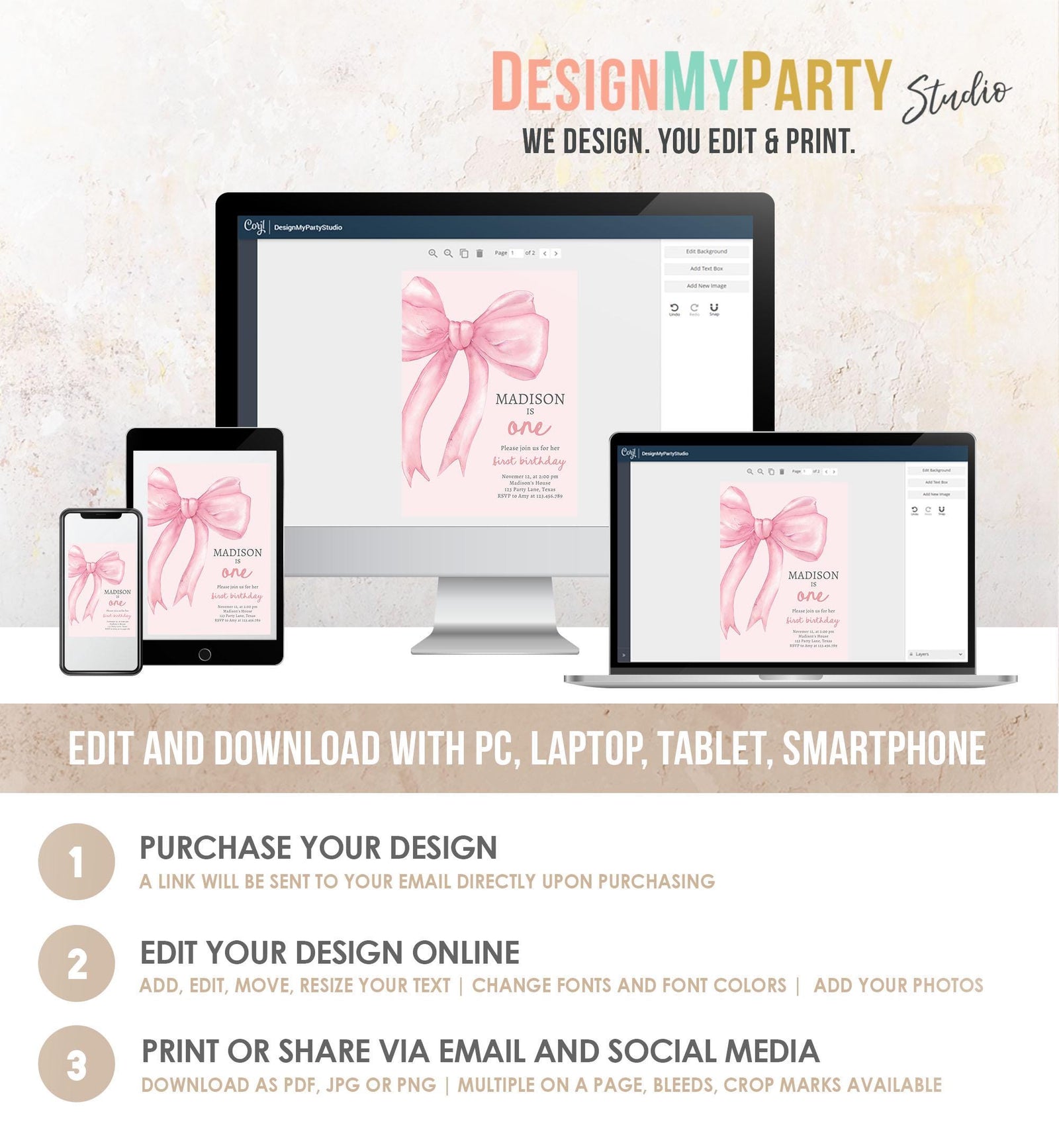 Editable Pink Bow 1st Birthday Invitation First Birthday Pink Coquette Bow Girl Wanna Be One Bow Invite Evite Template Digital Download 0527