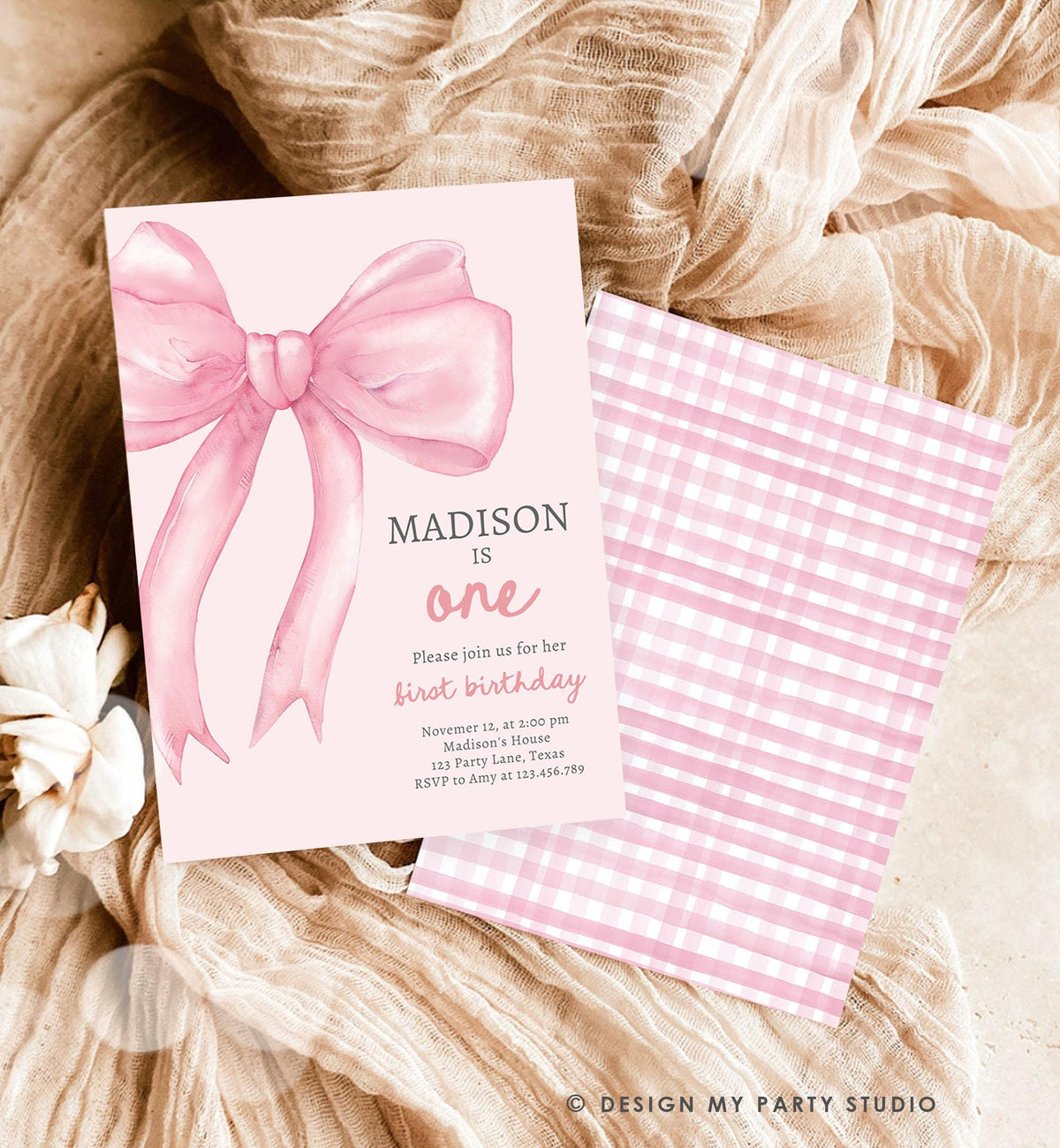 Editable Pink Bow 1st Birthday Invitation First Birthday Pink Coquette Bow Girl Wanna Be One Bow Invite Evite Template Digital Download 0527