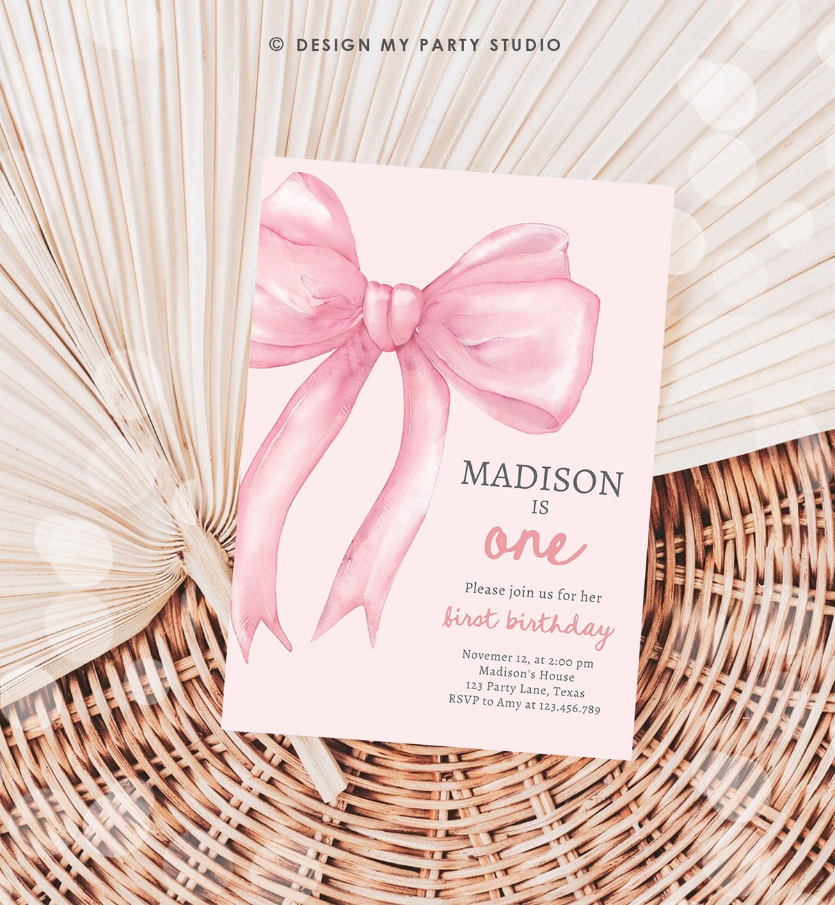 Editable Pink Bow 1st Birthday Invitation First Birthday Pink Coquette Bow Girl Wanna Be One Bow Invite Evite Template Digital Download 0527