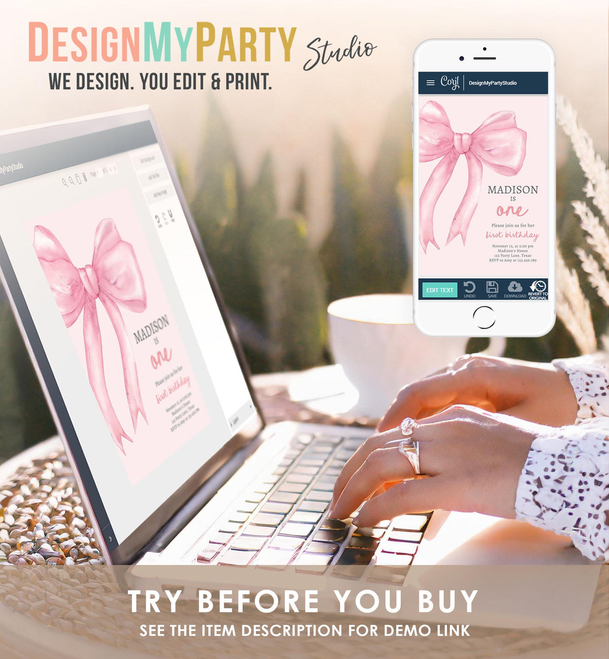 Editable Pink Bow 1st Birthday Invitation First Birthday Pink Coquette Bow Girl Wanna Be One Bow Invite Evite Template Digital Download 0527