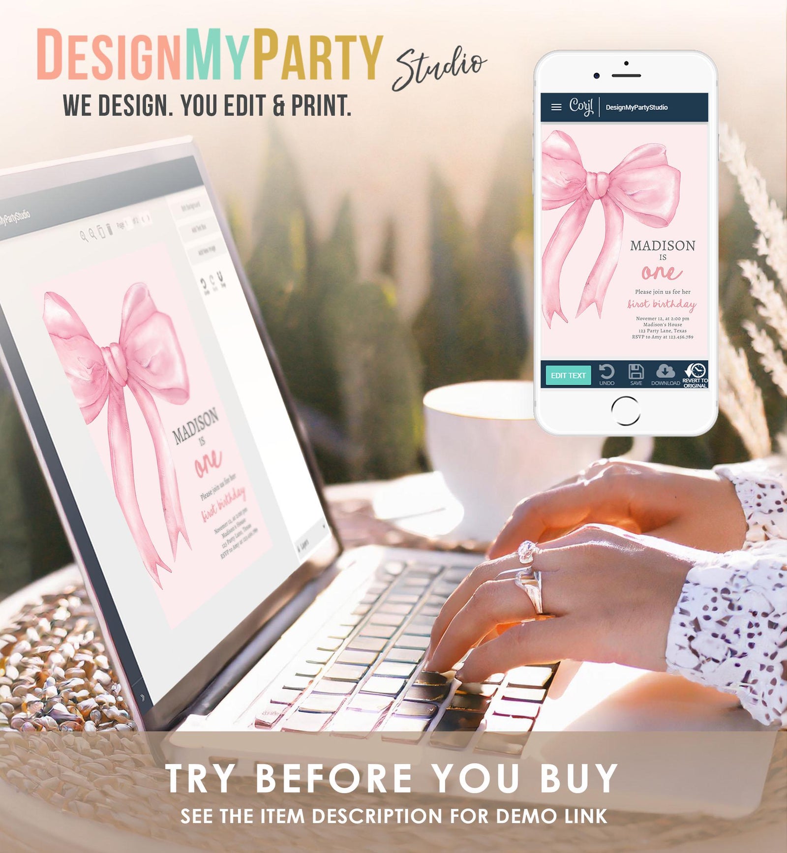 Editable Pink Bow 1st Birthday Invitation First Birthday Pink Coquette Bow Girl Wanna Be One Bow Invite Evite Template Digital Download 0527