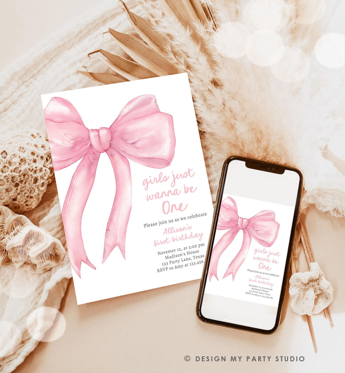 Editable Girls Just Wanna Be One Birthday Invitation Pink Bow 1st Birthday First Preppy Coquette Bow Evite Template Digital Download 0527