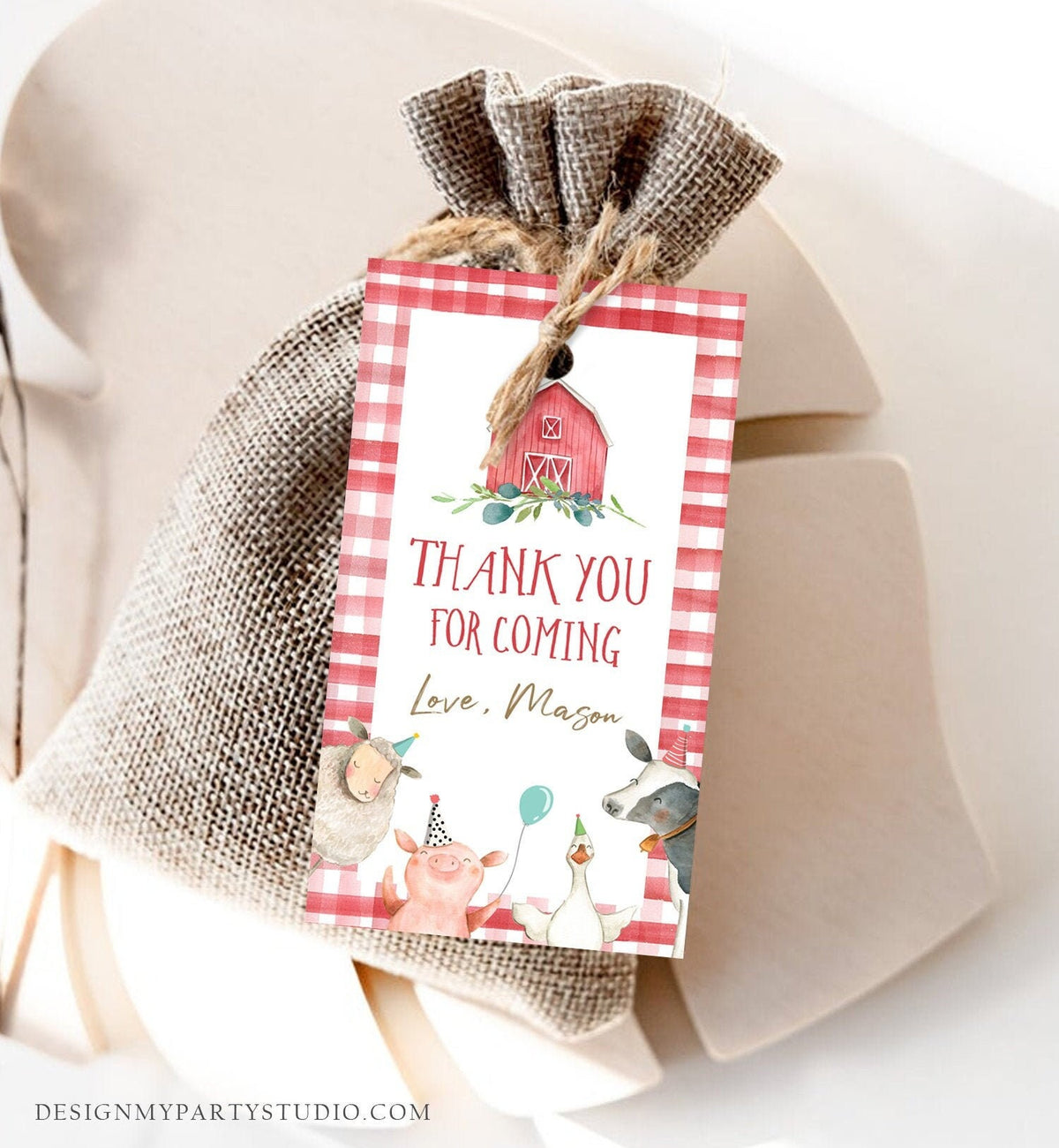 Editable Farm Animals Favor Tag Boy Farm Birthday Thank You Tag Red Barn Gingham Gift Tag Digital Download Corjl Template Printable 0155