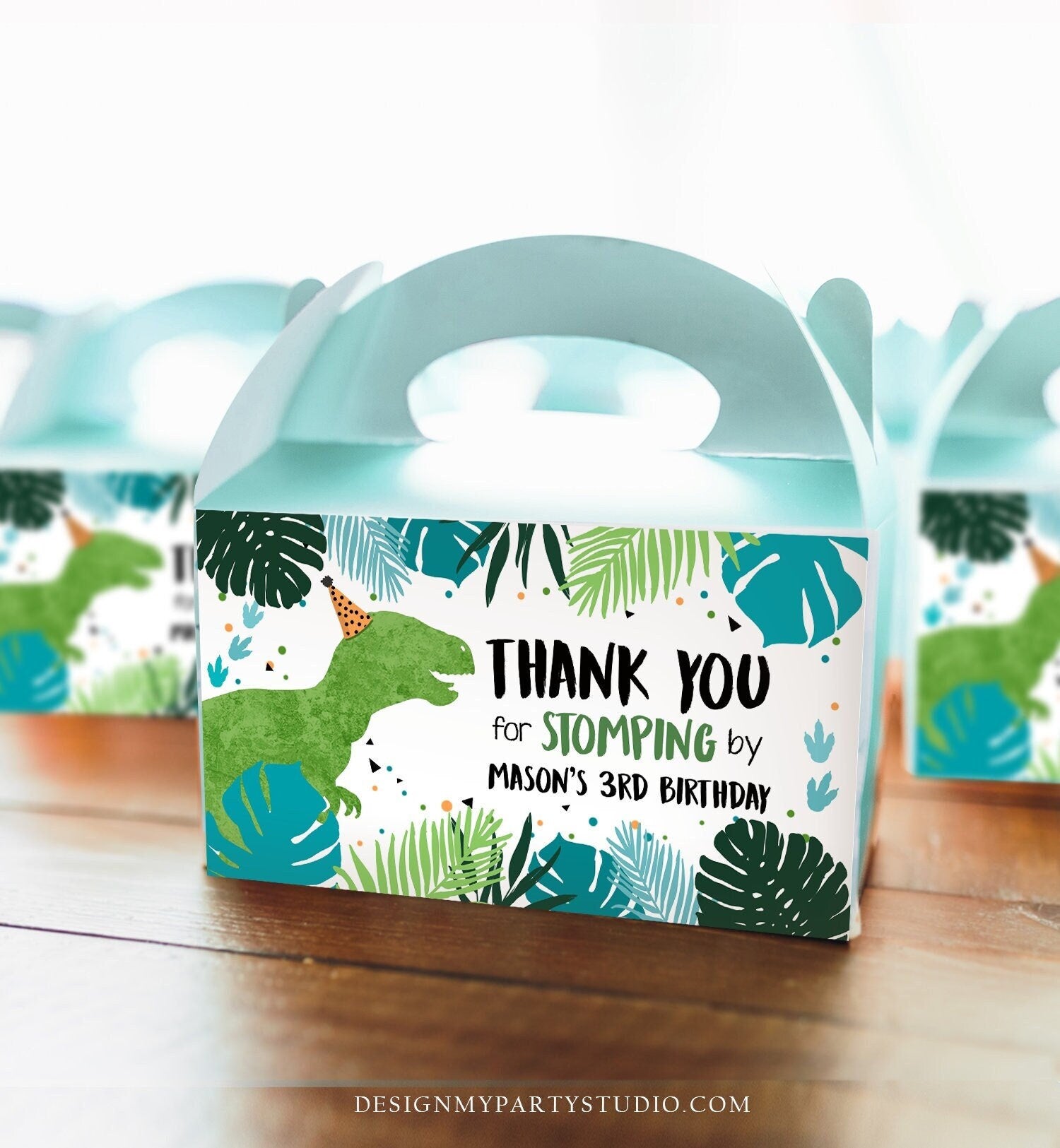 Editable Dinosaur Gable Gift Box Labels Dinosaur Party Favors Dino Birthday Boy Dino Stomping By Blue T-Rex Digital Template Printable 0389