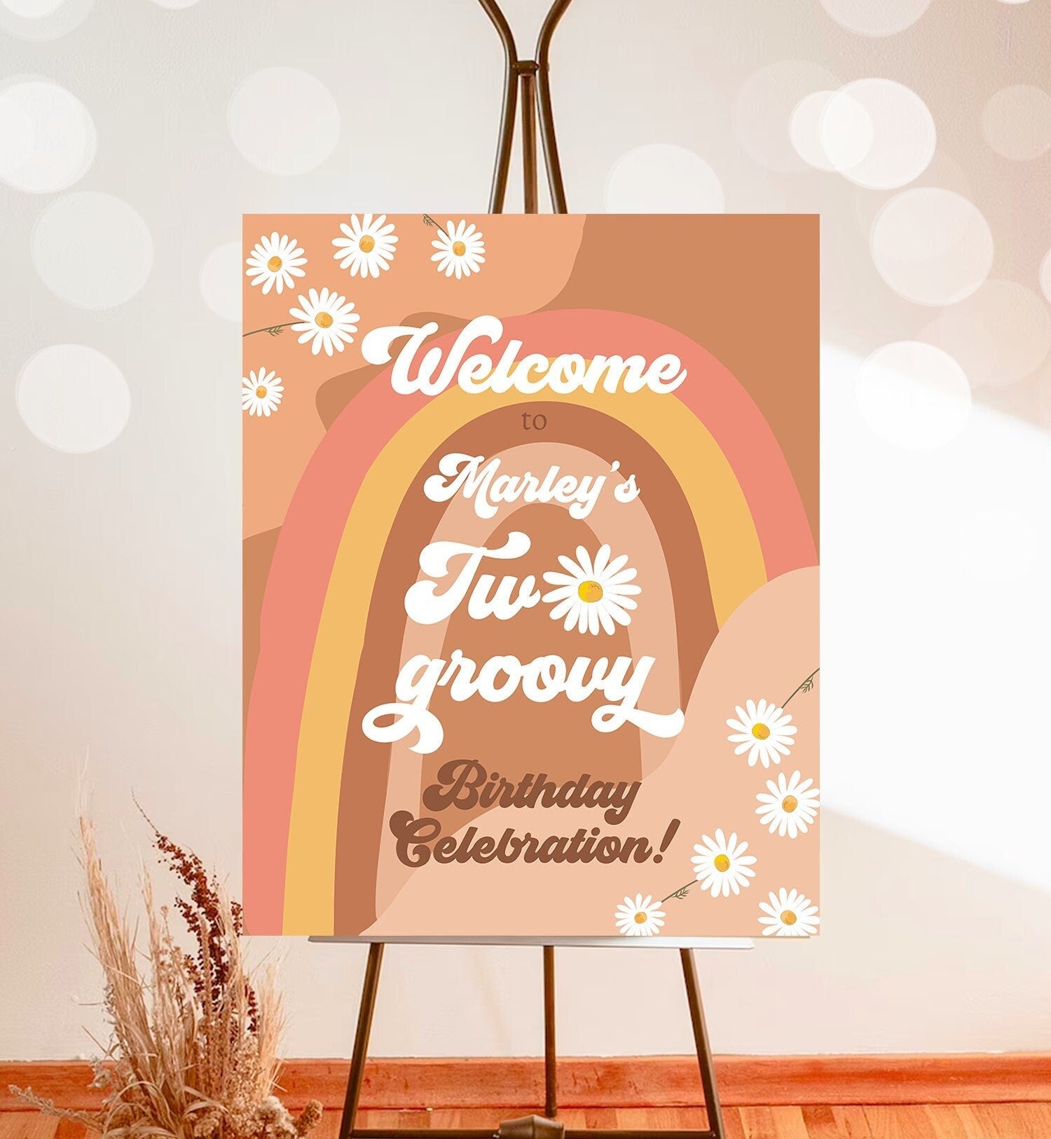 Editable Two Groovy Birthday Welcome Sign Floral Boho 2nd Birthday Welcome Sign Retro 70's Hippie Festival Digital Template Printable 0428