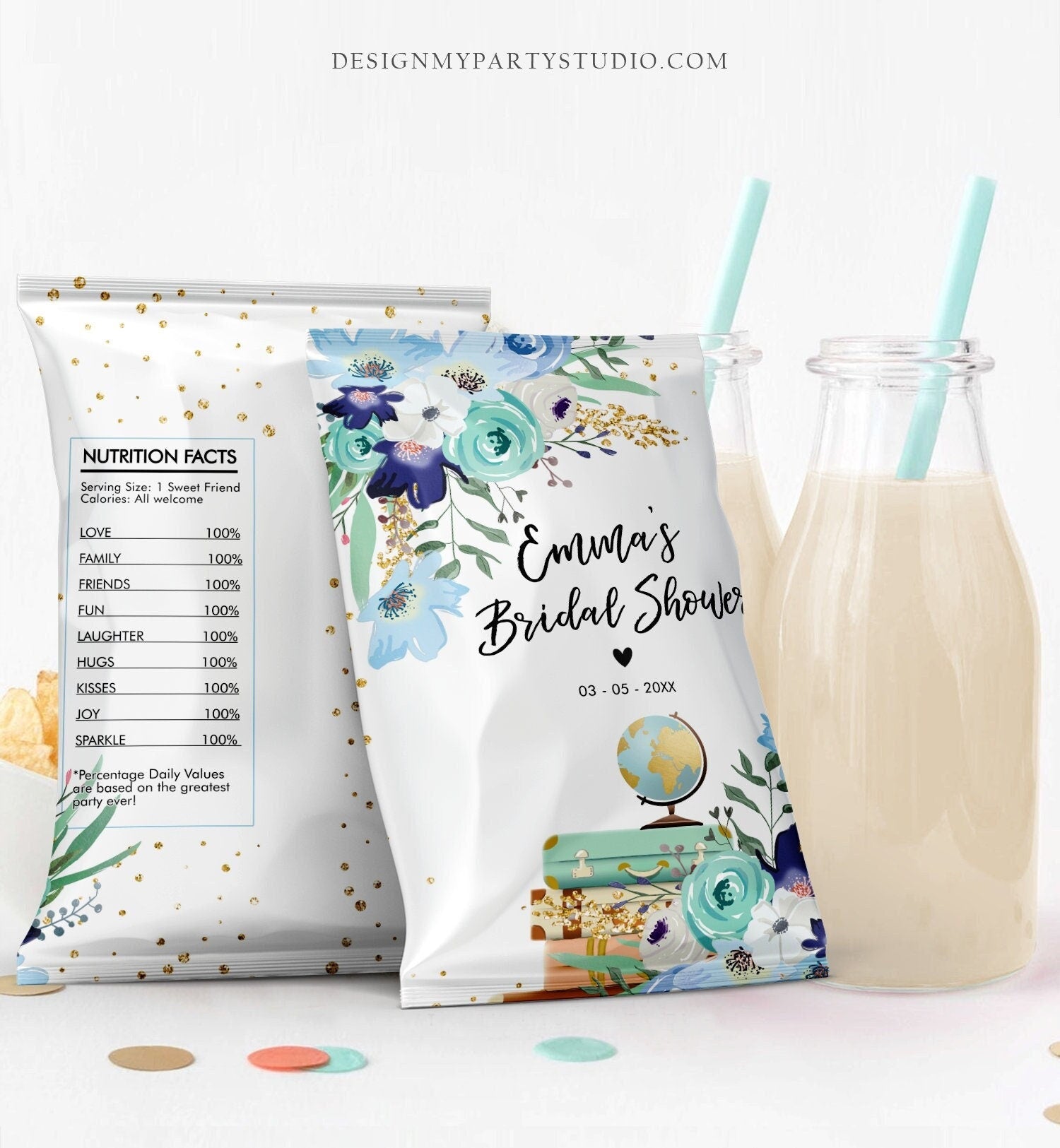 Editable Travel Adventure Chip Bag Bridal Shower Wedding Party Blue Floral Gift Snack Favors Digital Download Template Printable 0030