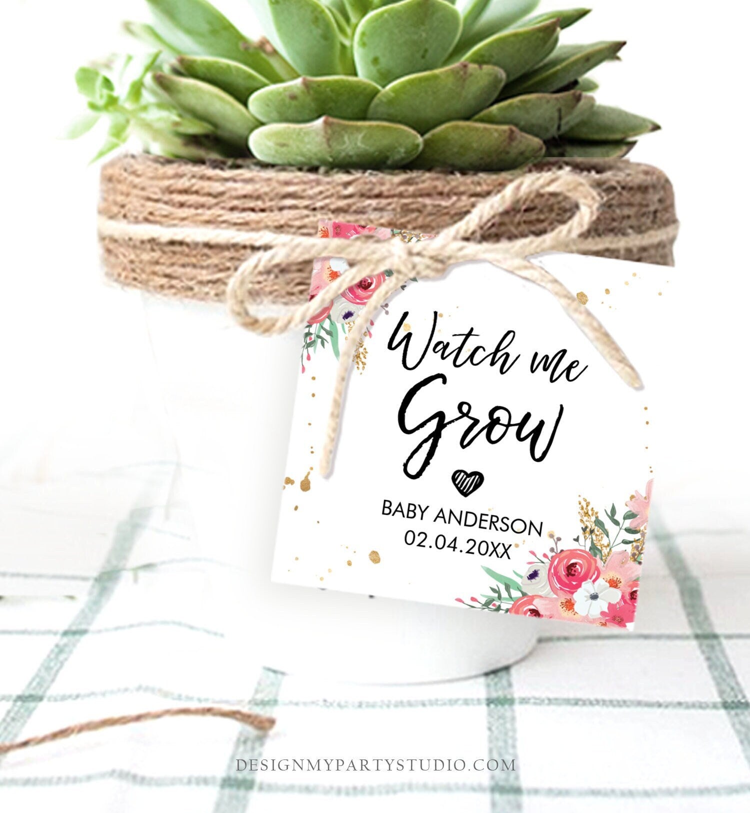 Editable Watch Me Grow Tags Baby Shower Favor Tags Plant Tags Cactus Succulent Thank You Pink Floral Gold Digital Template Printable 0030