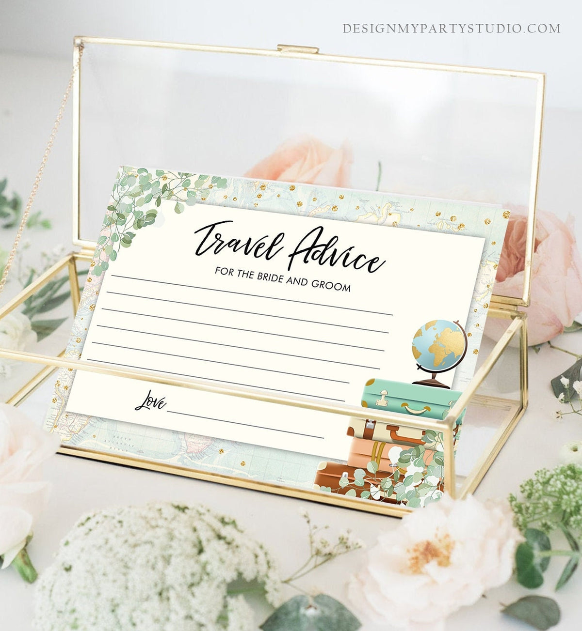 Editable Advice for the Bride-to-Be Card Eucalyptus Bridal Shower Travel Adventure Words of Wisdom Game Gold Digital Template Printable 0030