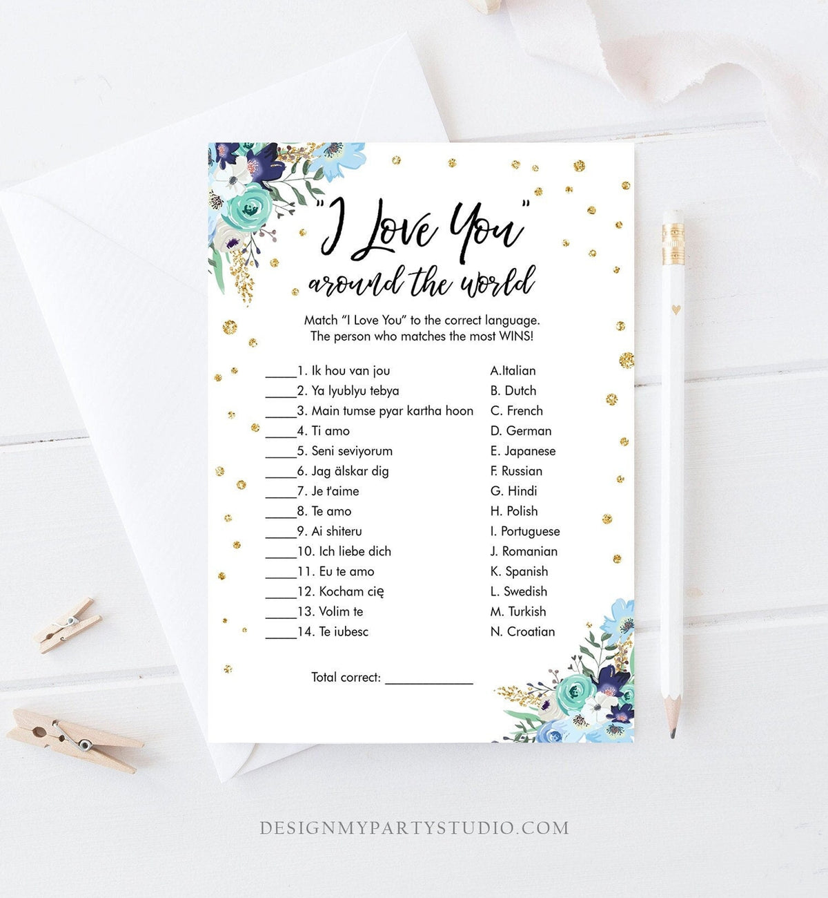 Editable Travel Bridal Shower Game I Love You Around the World Wedding Shower Activity Floral Bachelorette Digital Template Printable 0030