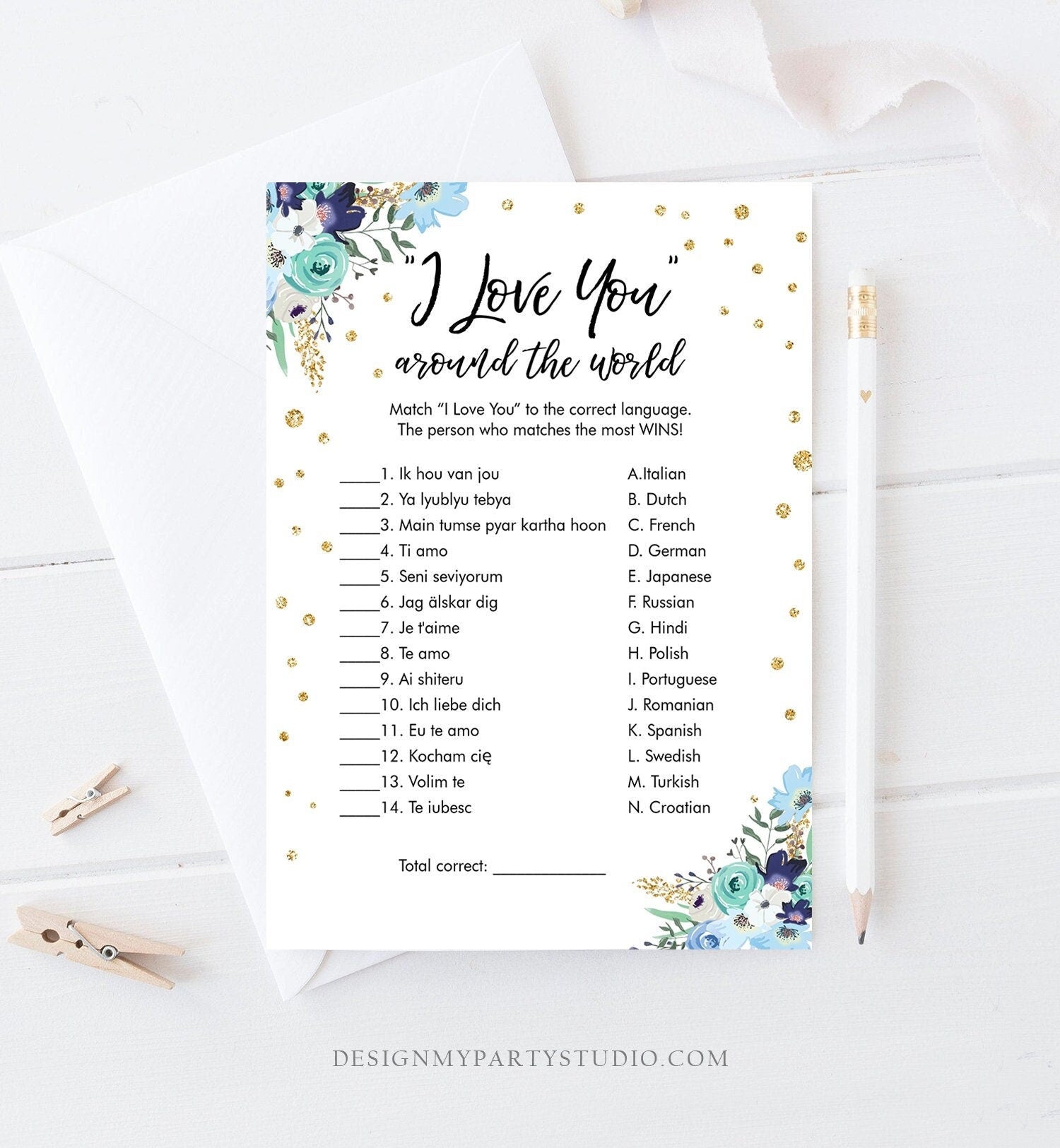 Editable Travel Bridal Shower Game I Love You Around the World Wedding Shower Activity Floral Bachelorette Digital Template Printable 0030