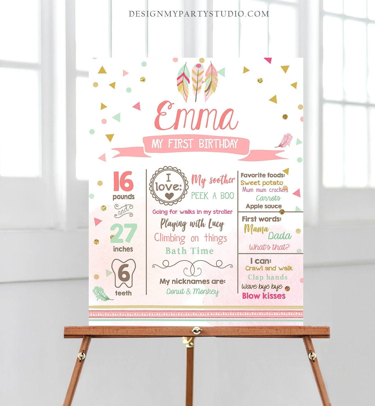 Editable Wild One Birthday Milestone Poster Sign Boho Tribal Feathers First Birthday 1s Girl Pink Digital Download Template Printable 0073