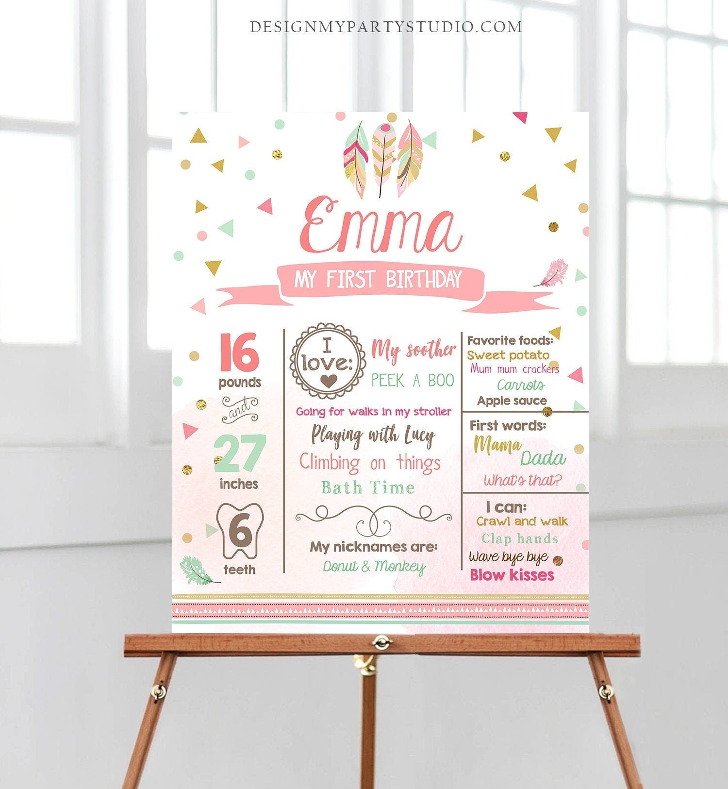 Editable Wild One Birthday Milestone Poster Sign Boho Tribal Feathers First Birthday 1s Girl Pink Digital Download Template Printable 0073