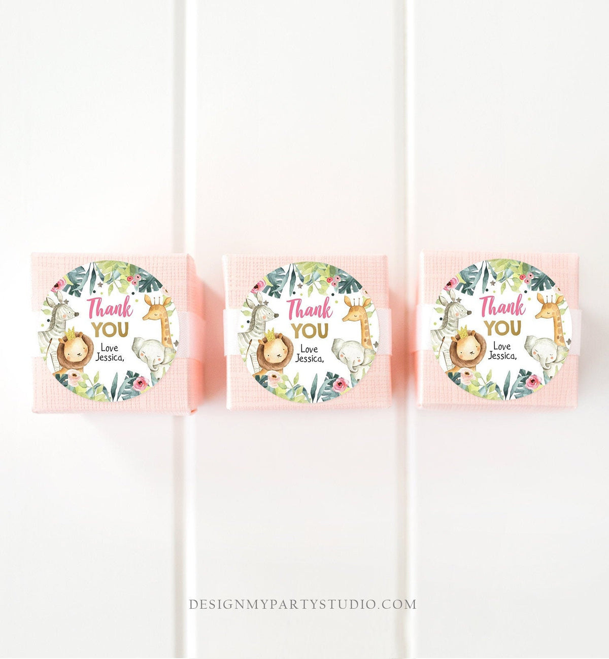 Editable Safari Animals Thank You Tag Stickers Party Animals Pink Gold Watercolor Animals Gift Tag Girl Lion Corjl Template Printable 0163
