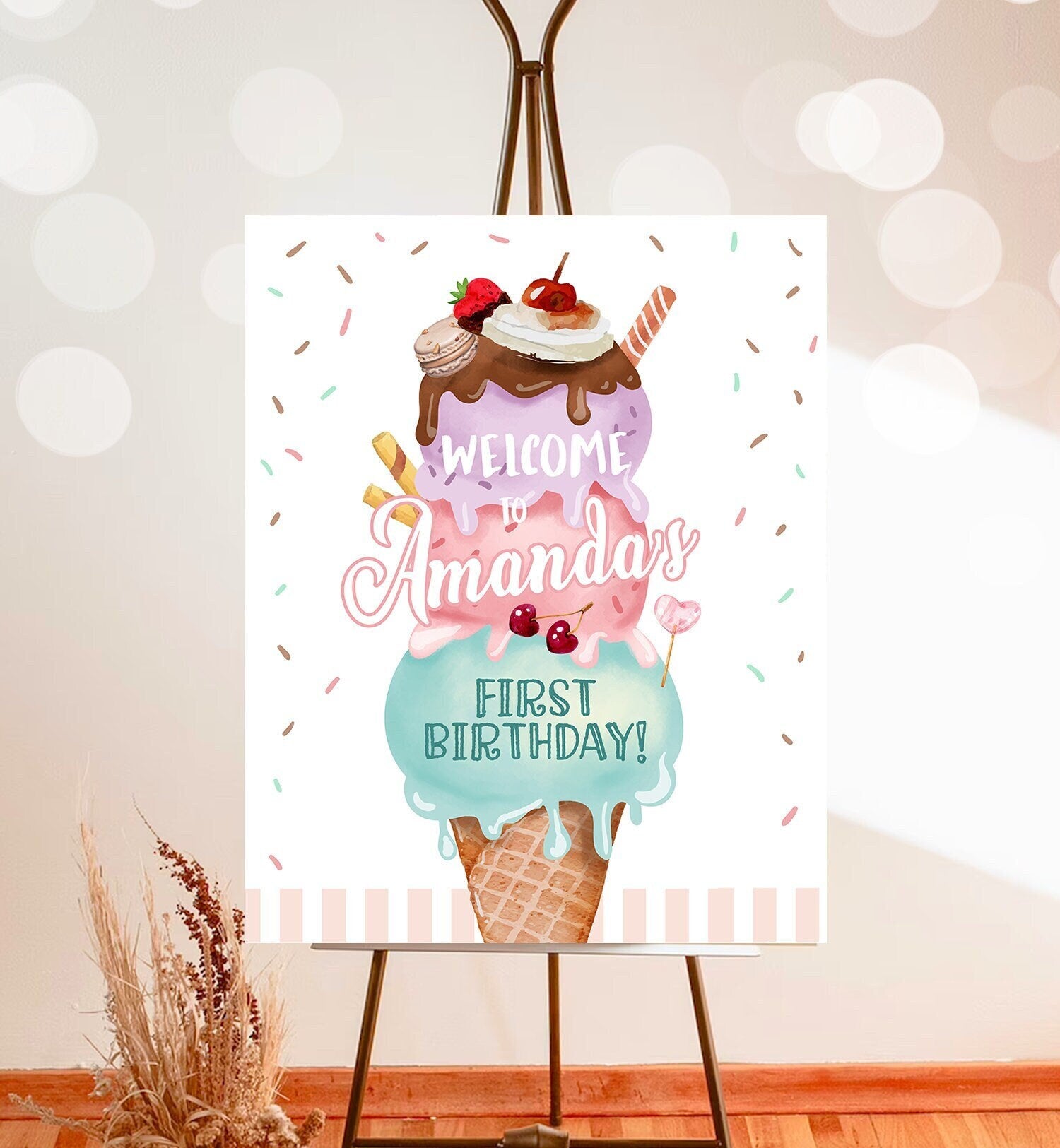 Editable Ice Cream Party Welcome Sign Ice Cream Birthday Welcome Scoop Girl Pink Purple Two Sweet Cream Shop Digital Template Printable 0392