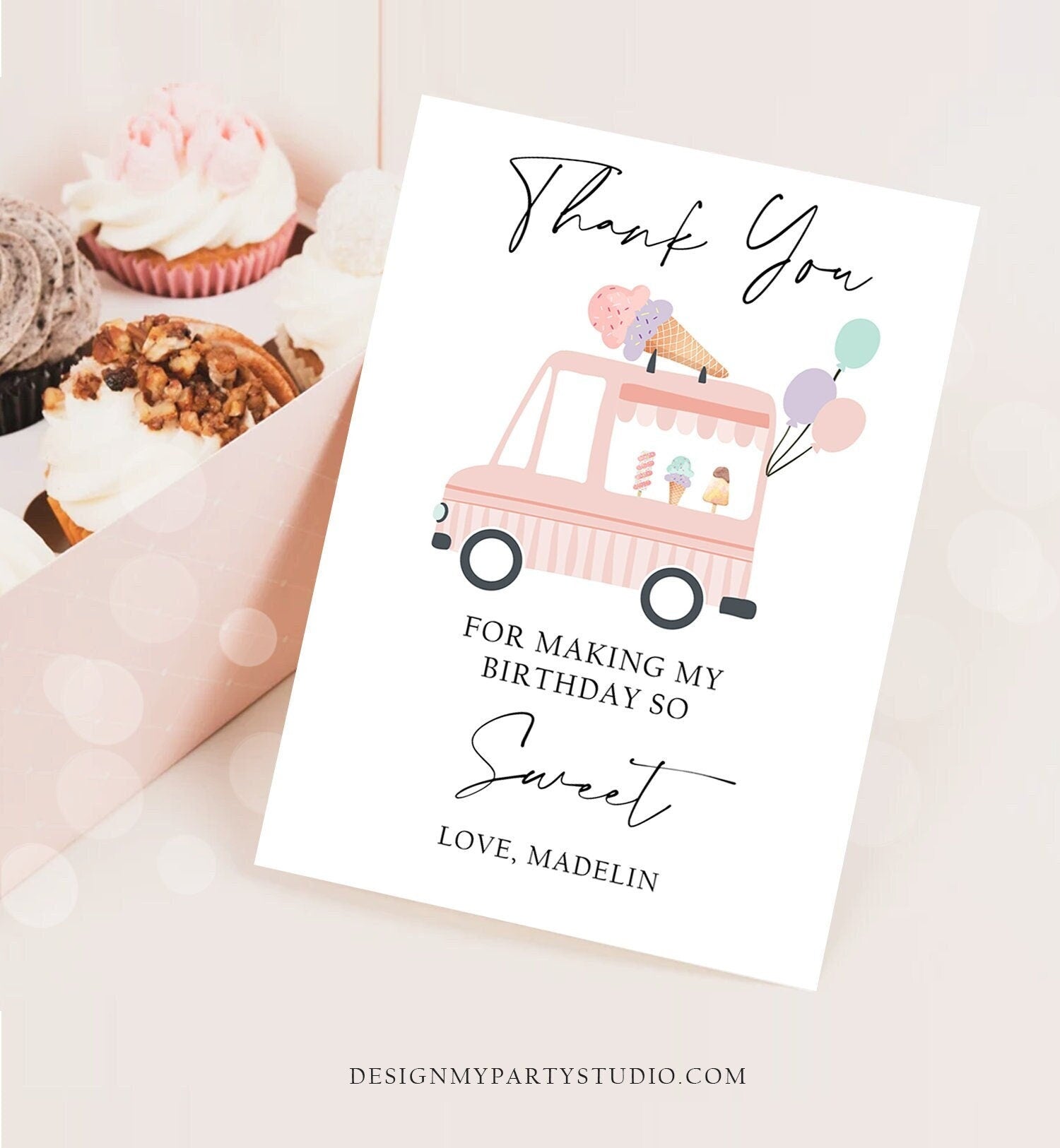 Editable Ice Cream Truck Thank You Card Ice Cream Birthday Thank You Note Girl Birthday Summer Digital Download Template Printable 0415
