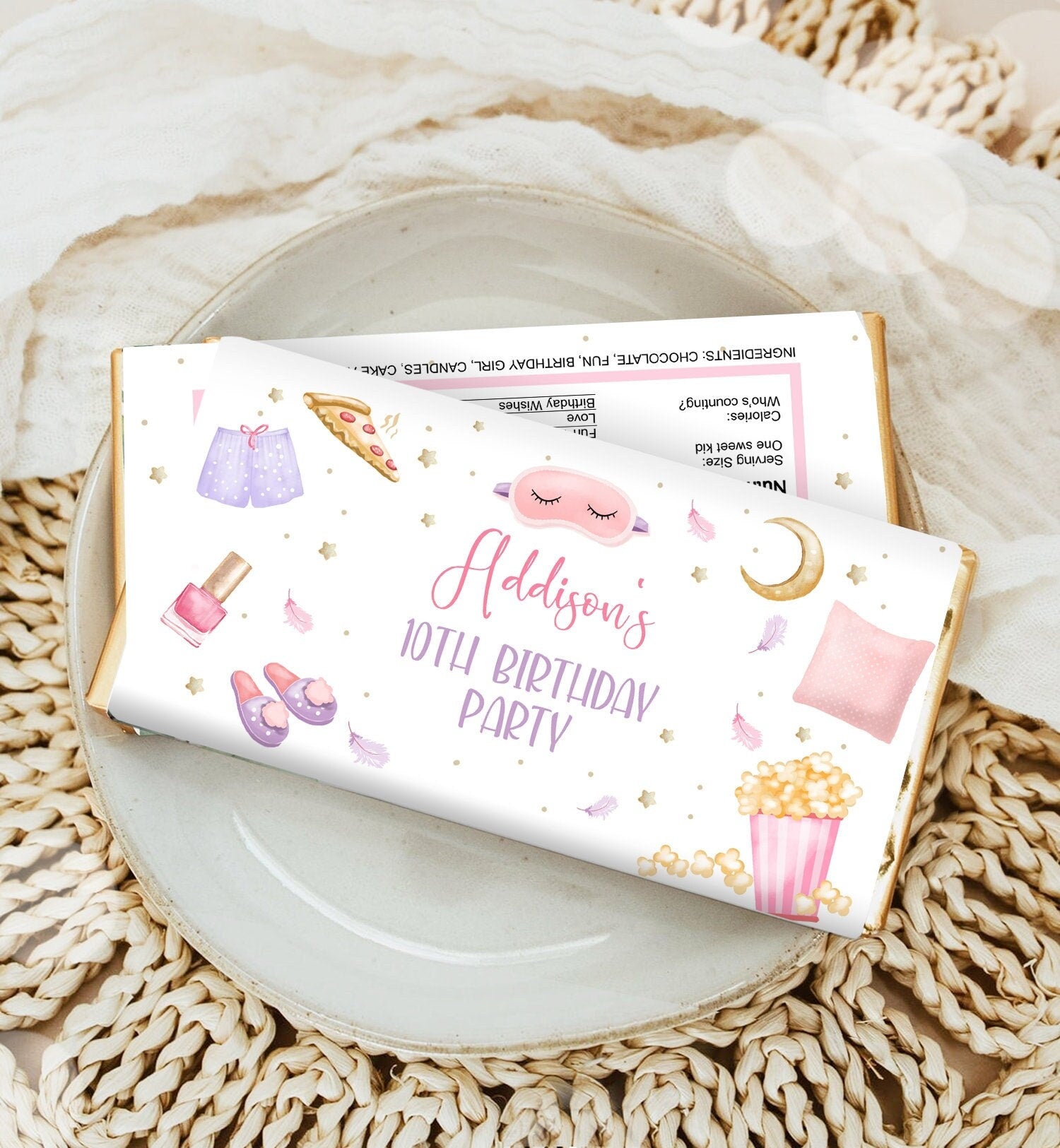 Editable Sleepover Chocolate Bar Labels Candy Bar Wrapper Slumber Party Spa Girl Pink Movie Night Digital Download Template Printable 0447