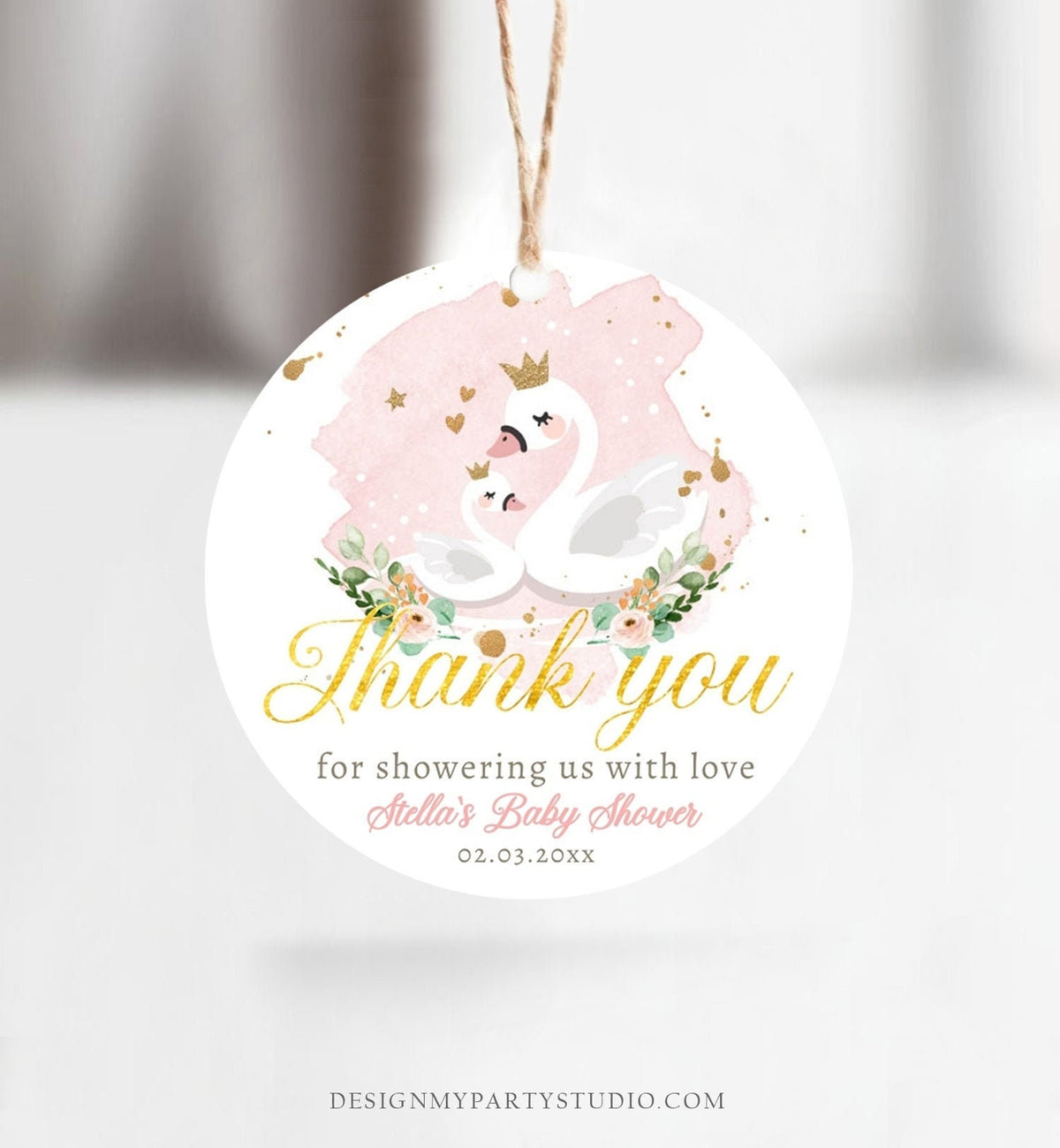 Editable Floral Swan Baby Shower Favor Tags Thank You Tags Swans Girl Pink Gold Princess Swan Stickers Decor Digital Template Printable 0382