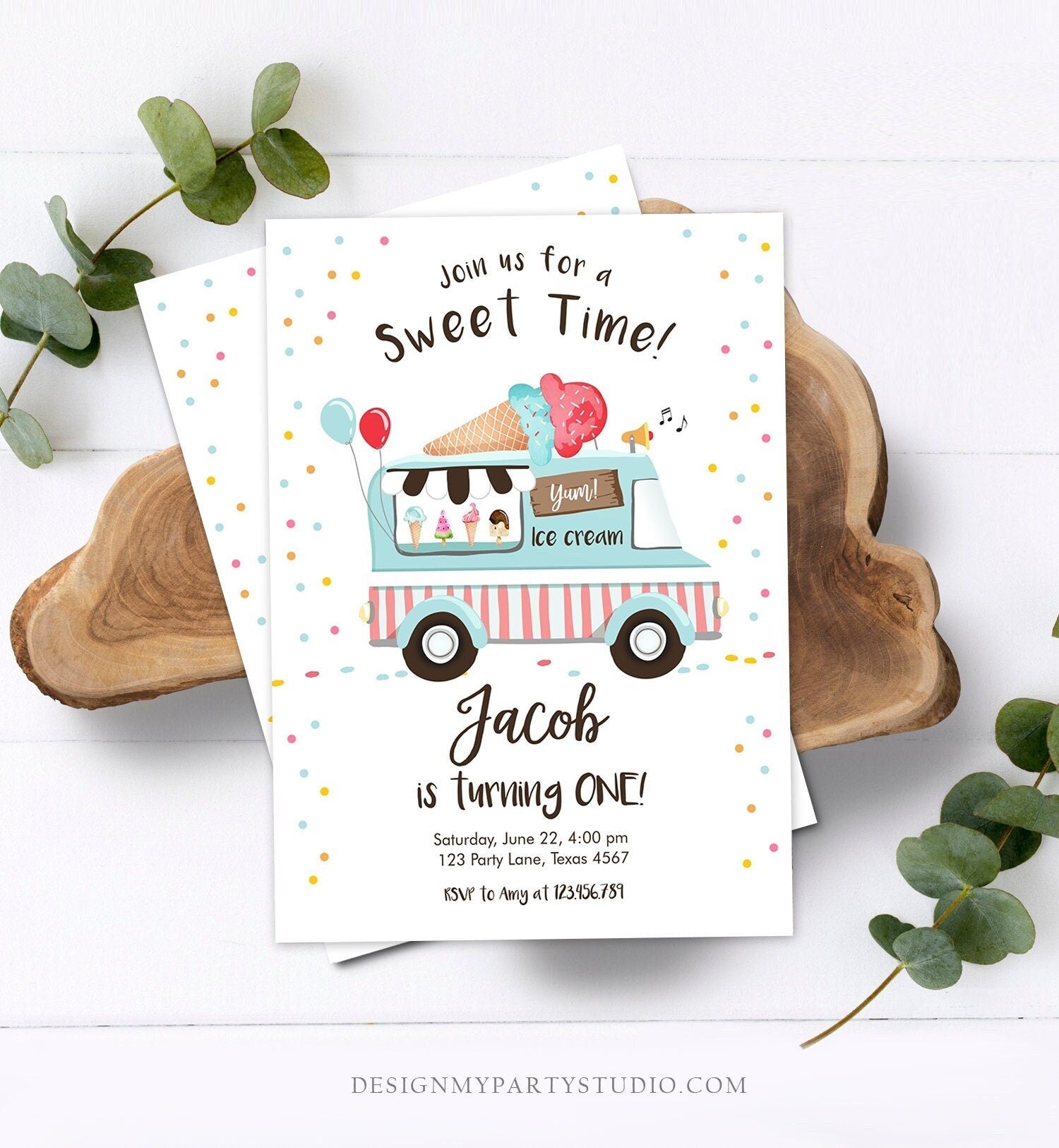 Editable Ice Cream Truck Birthday Invitation Ice Cream Party Cone Boy Girl Sweet Time Digital Download Evite Template Printable 0243