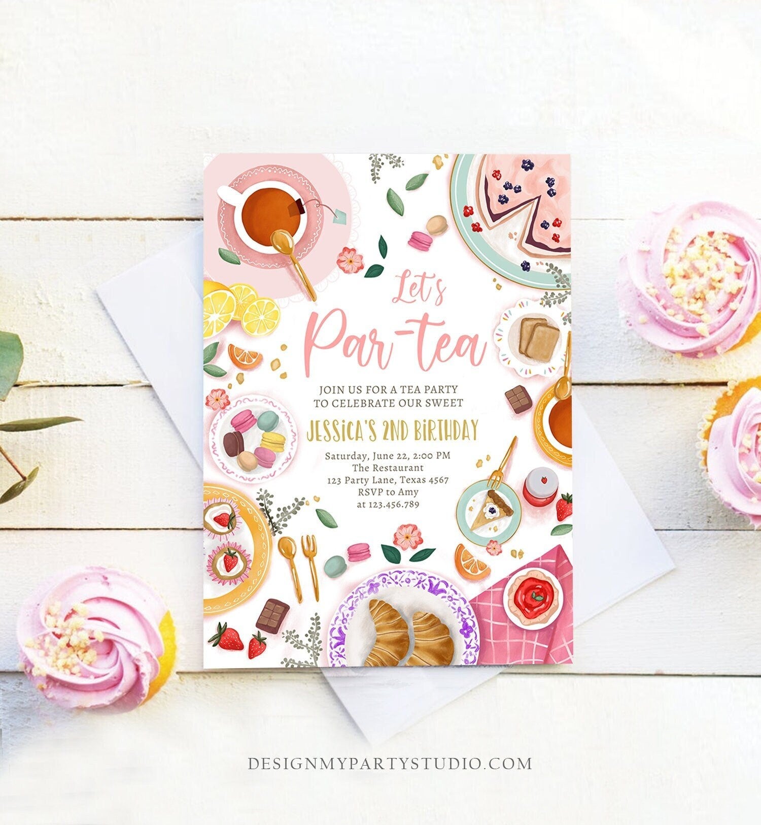 Editable Tea Party Birthday Invitation Girl Par-Tea Floral Pink Gold Whimsical Tea Digital Download Evite Template Printable 0478
