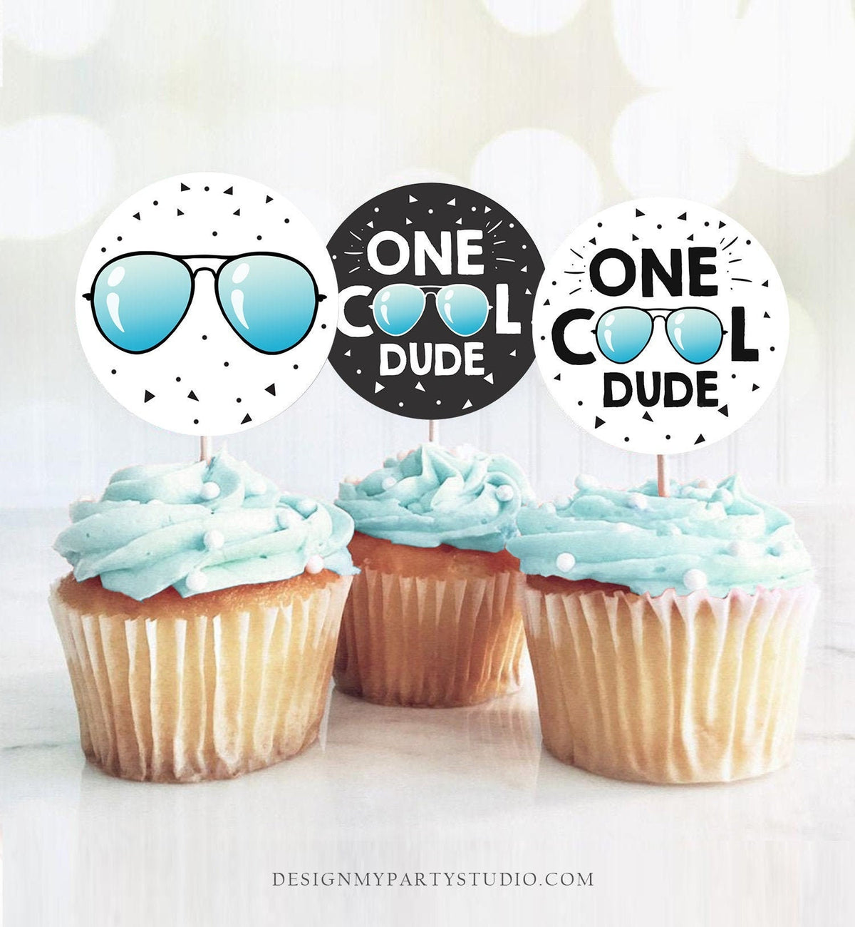 One Cool Dude Cupcake Toppers Favor Tags Boy 1st Birthday Party Decoration First Birthday Blue Summer Pilot Digital Download Printable 0136