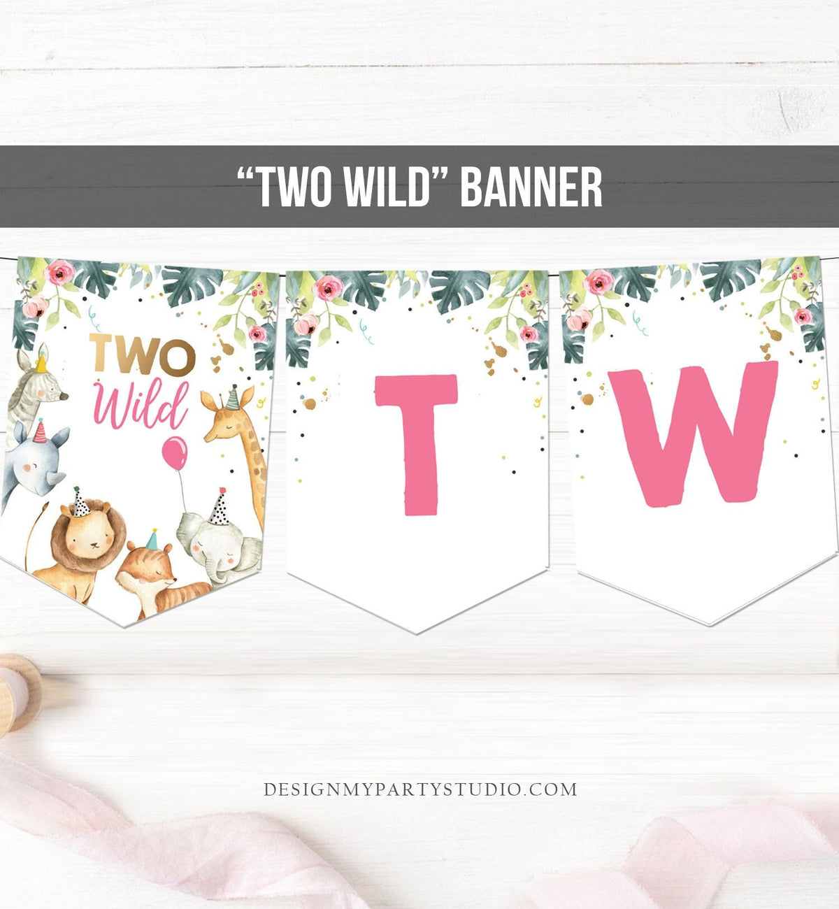 Two Wild Birthday Banner Pink Gold Safari Animals 2nd Birthday Banner Safari Decorations Jungle Zoo Instant Digital Download Printable 0163