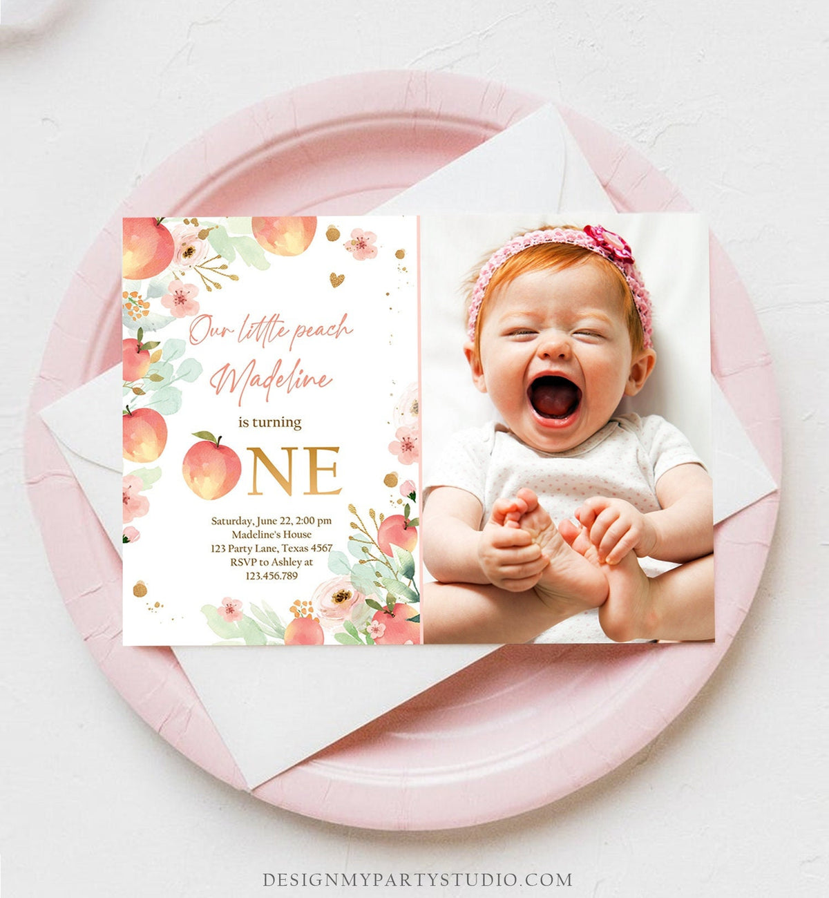 Editable Little Peach Birthday Invitation First Birthday Floral Gold Girl Peach 1st Peaches Digital Download Evite Template Printable 0401