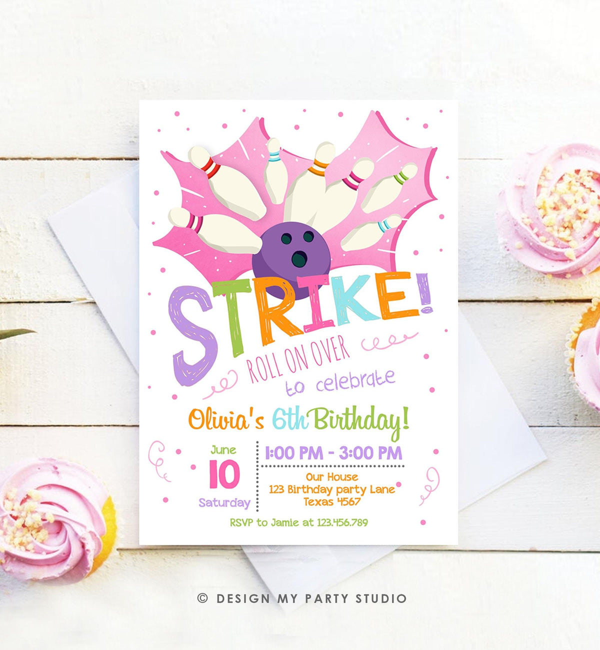 Editable Bowling Birthday Party Invitation Girl Pink Purple Bowling Party Strike Kids Download Printable Invitation Template Evite 0081